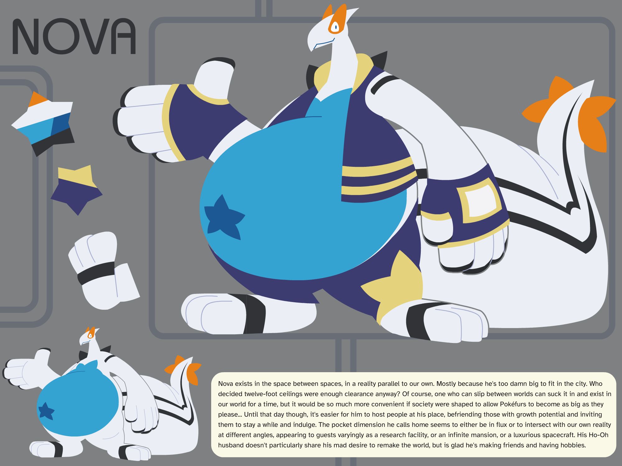 an anthropomorphic Lugia with Nova with a stars and space-shuttle motif

"Nova exists in the space between spaces, in a reality parallel to our own. Mostly because he's too damn big to fit in the city. Who decided twelve-foot ceilings were enough clearance anyway? Of course, one who can slip between worlds can suck it in and exist in our world for a time, but it would be so much more convenient if society were shaped to allow Pokéfurs to become as big as they please... Until that day though, it's easier for him to host people at his place, befriending those with growth potential and inviting them to stay a while and indulge. The pocket dimension he calls home seems to either be in flux or to intersect with our own reality at different angles, appearing to guests varyingly as a research facility, or an infinite mansion, or a luxurious spacecraft. His Ho-Oh husband doesn't particularly share his mad desire to remake the world, but is glad he's making friends and having hobbies."