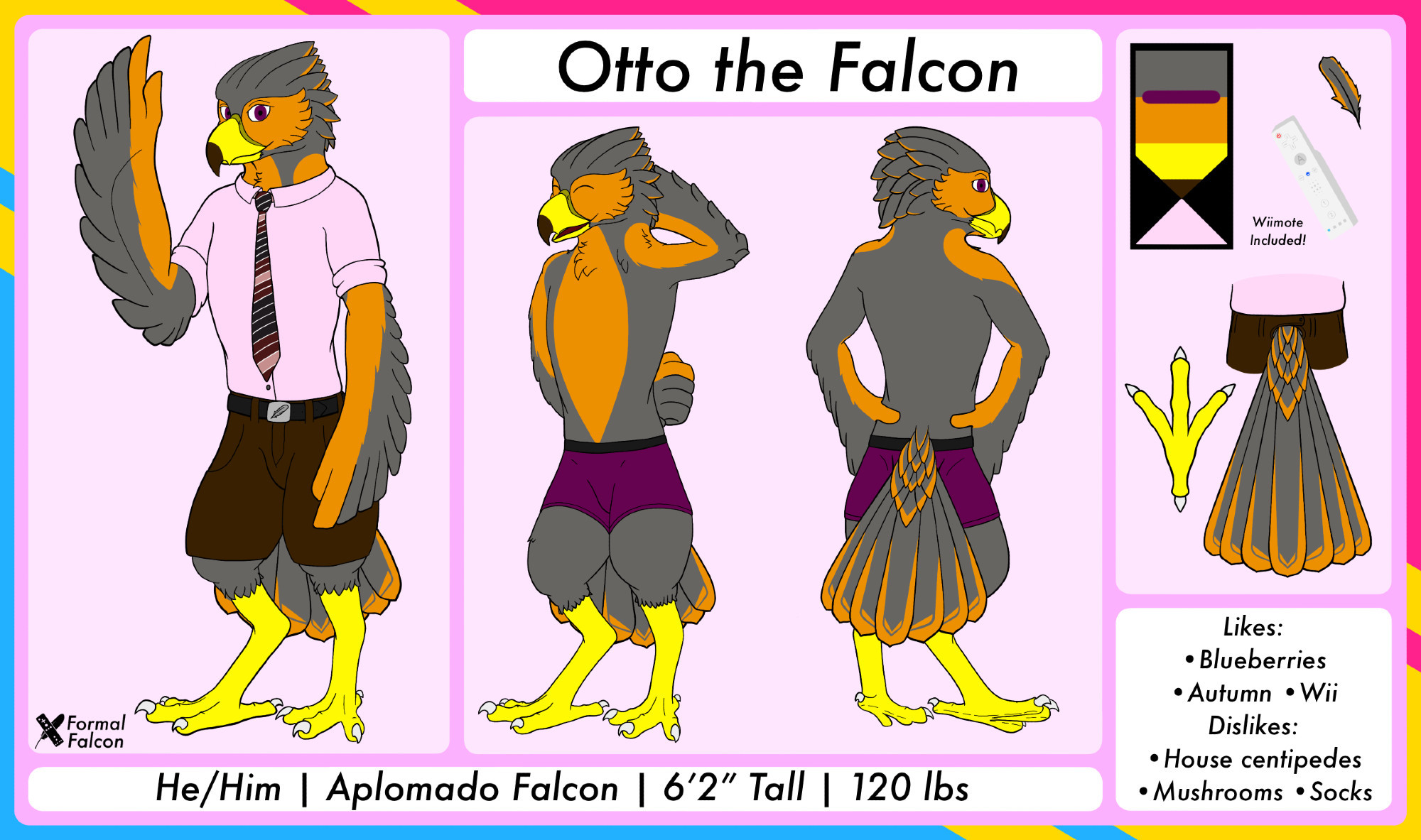 The 4.1 Update to Otto the Falcon's ref sheet, featuring body pattern and tail feather details, and a Wiimote!