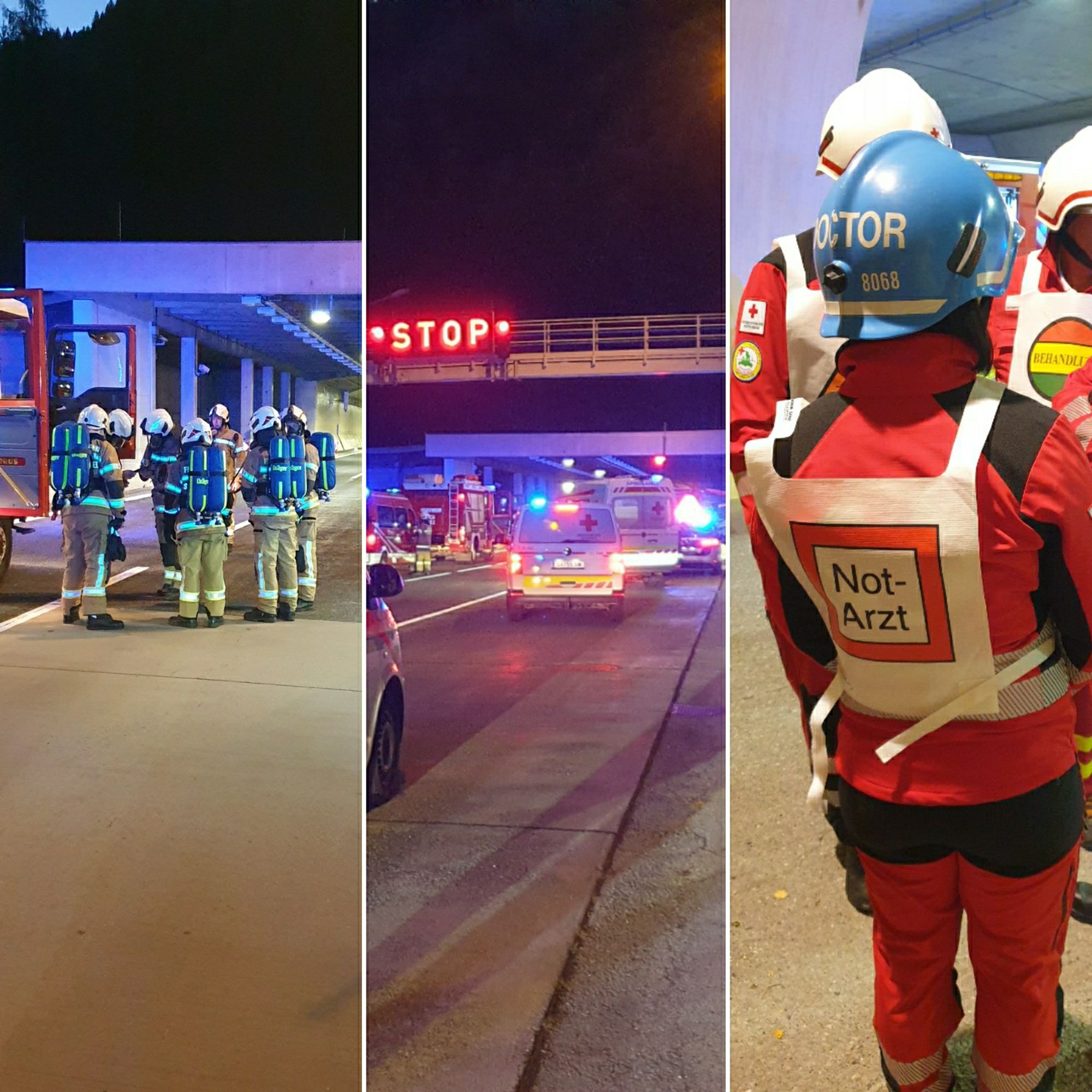 1. foto feuerwehrler*innen mit atemschutz
2. foto einsatzfahrzeuge polizei, feuerwehr rettung vor tunnelportal
3. foto besprechung notärzt*in und führungskräfte