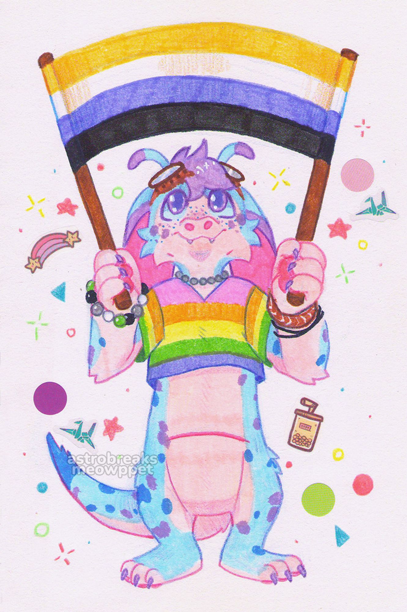 a scan of a traditional fullbody drawing of a xero (closed species). he is standing holding up a nonbinary banner/flag, staring up at it with a little smile. the xero is in pastel pink, blue and purple colours, with darker blue and purple spits all over his body. he is wearing a bright-coloured rainbow t-shirt, brown goggles on his head, and various accessories. the free space of the page is decorated with various small stickers and colourful shapes.