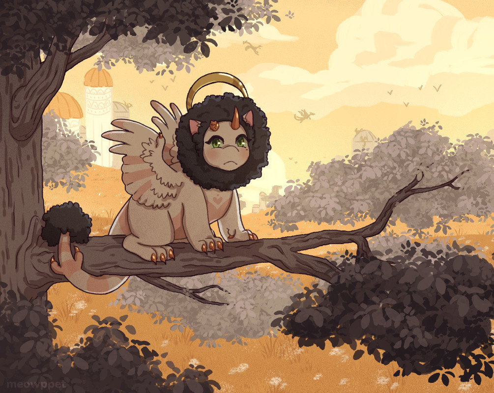 a digital illustration of a phim (closed species). it depicts a cherub phim sitting on a branch of a tree, staring at the viewer, tail wrapped around the branch. the foreground is in a warm shadow, while the background is a landscape of grassy fields, cloudy skies and some buildings, all in varying shades of golden/yellow.