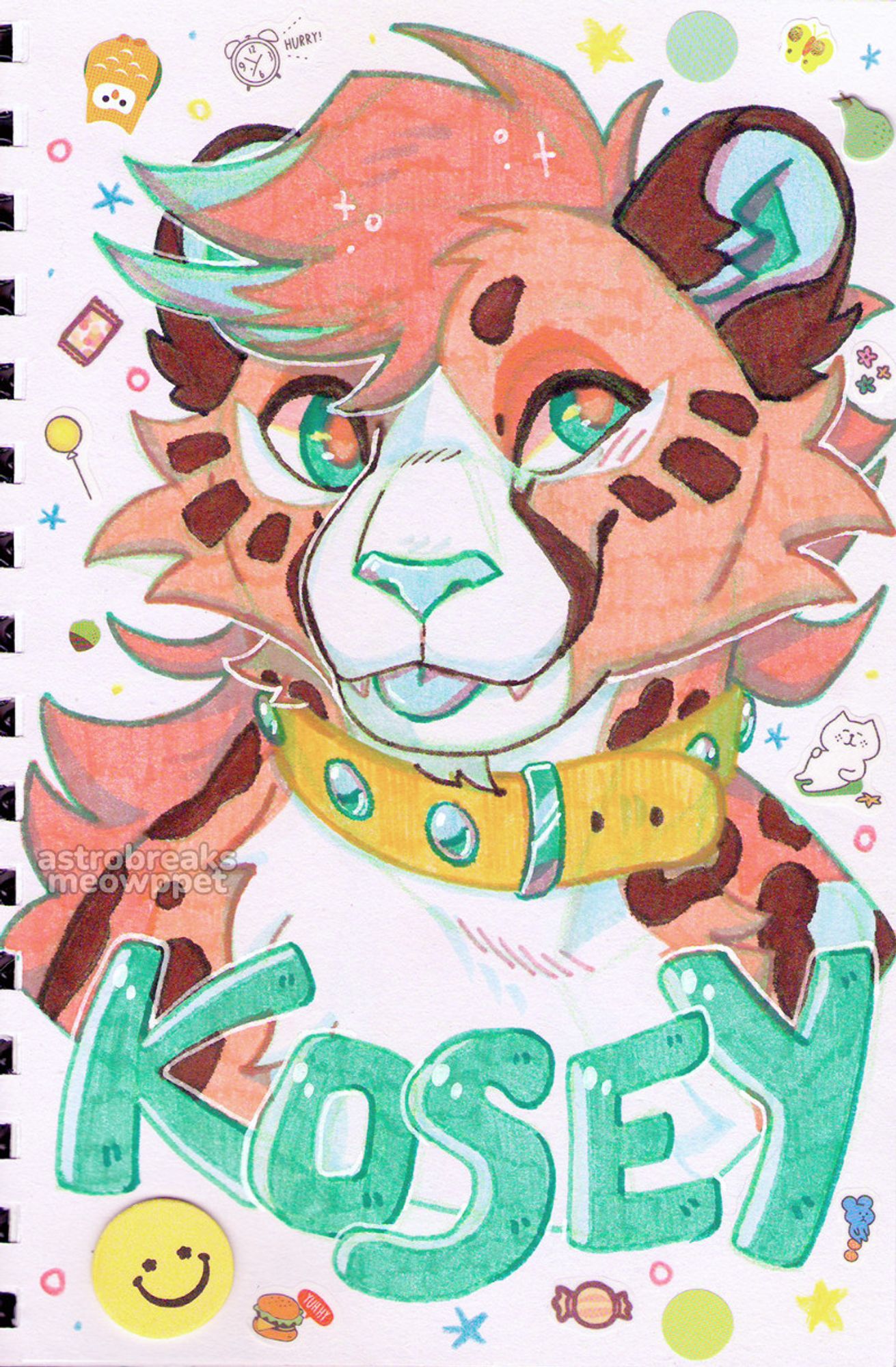 a scan of a traditional drawing done with markers and colour pencils. it's a headshot of a cheetah-leopard feral character, smiling cheekily with tongue sticking out. the palette is in pastel minty, peachy and reddish brown colours. the character's name "Kosey" is written in big letters at the bottom. empty space is decorated with random small stickers and shapes