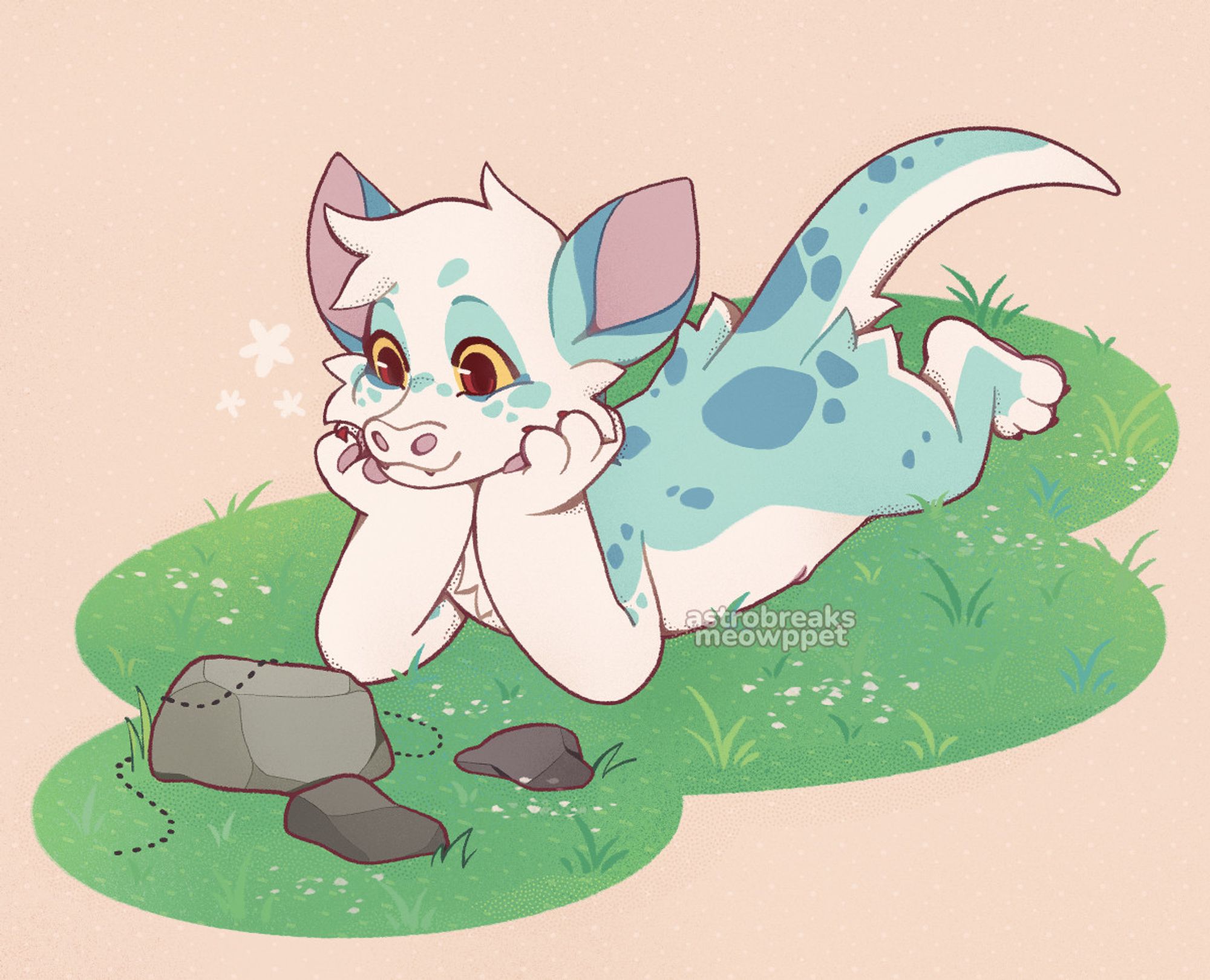 a digital fullbody drawing of a xero (closed species). he is laying on his stomach on grass, head supported with his hands, and observing a bug trail with a curious smile.