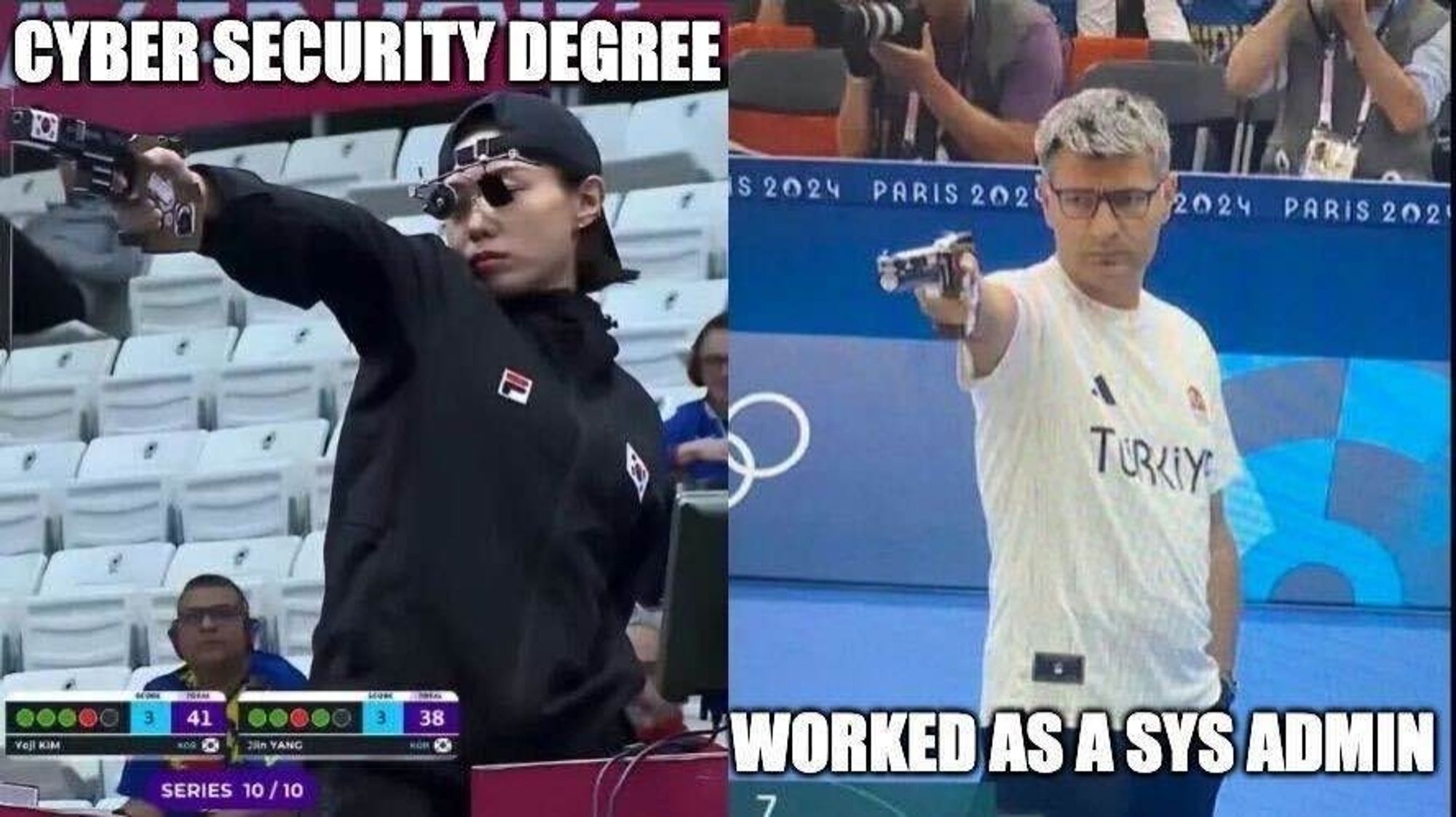 Olympic shooters meme with "Cybersecurity degree" above the fancy schmancy shooter and "Worked as a sys admin" below the Turkish chill shooter.