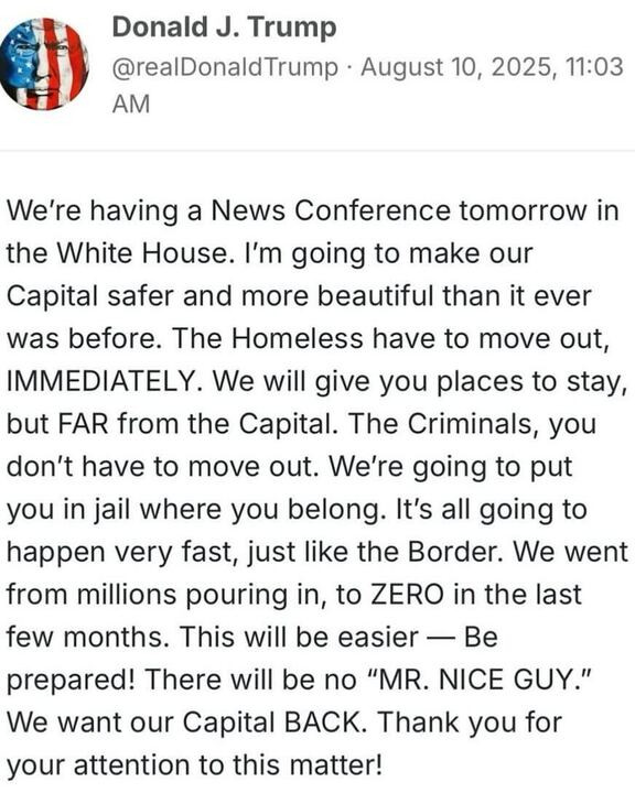Its a truth social post from the fucking idiot in charge talking about how he's going to take back DC or some shit. I can't bear to transcribe it, sorry.