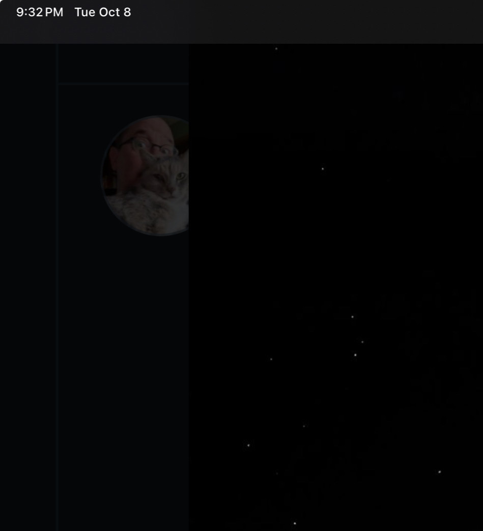 Expanded night sky picture with @scalzi.com's profile picture looking like a moon.