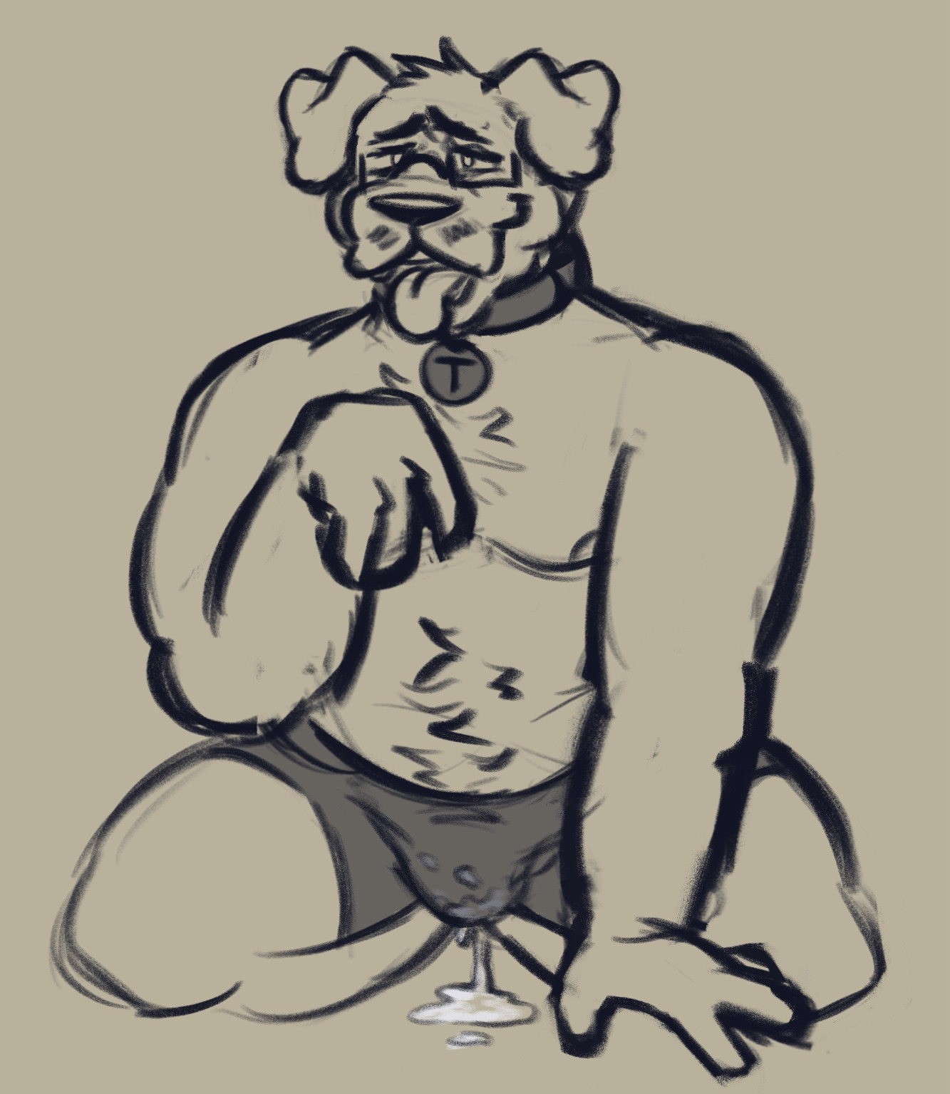 Rough sketch of a furry dog on his knees with his tongue out, he has one arm on the floor in front of him while the other is up with a limp wrist. 

He's wearing glasses and boxer briefs. His briefs are stained with cum dripping down to the floor.