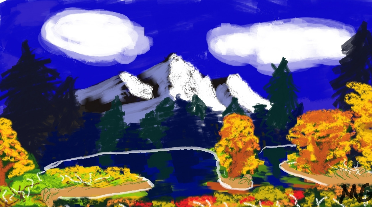 A mountain scene with a lake and trees in front of it with fall colors