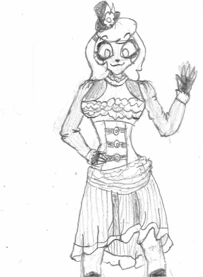 Charlie from Hazbin hotel in an old timey steampunk dress and small tophat with a flower on it