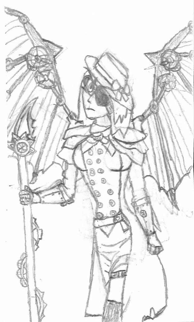 Vaggie from Hazbin Hotel in a steampunk soldier like outfit with a long coat, metal gauntlets a mechanical spear and mechanical wings. An eye patch and a hat with a bow to represent her bow in her hair and her missing eye