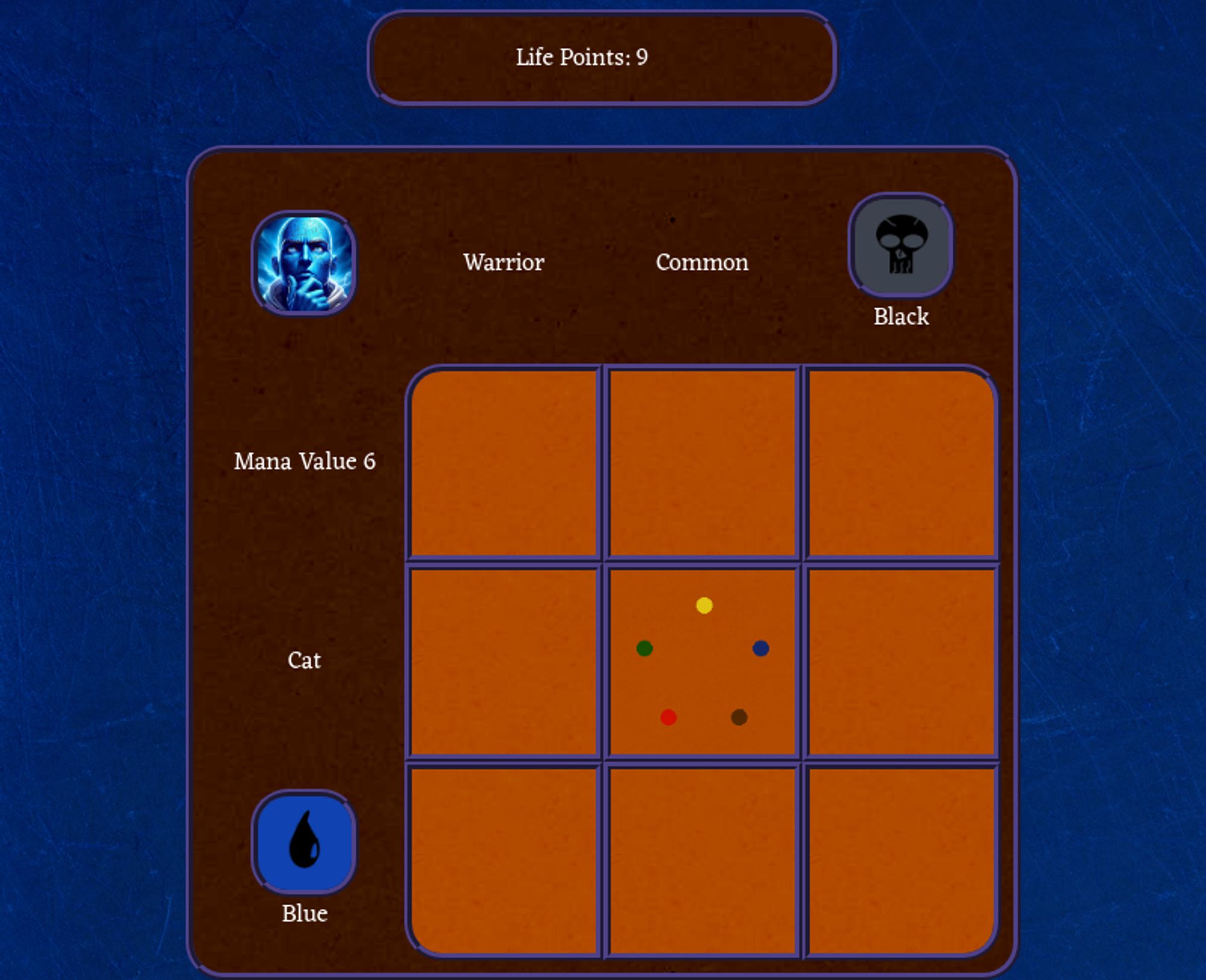 A Magic The Griddening Puzzle.
The puzzle is a 3x3 grid of inputs, with the following constraints:
Top row: Warrior (Creature Type), Common (Rarity), Black (Color)
Side row: Mana Value 6, Cat (Creature Type), Blue (Color)
The board is blank.