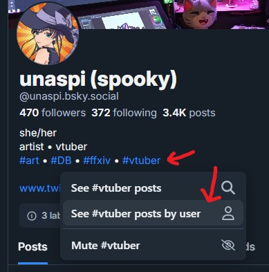 a screenshot depicting tags in my profile, that when clicked give you the option to "see posts by user"