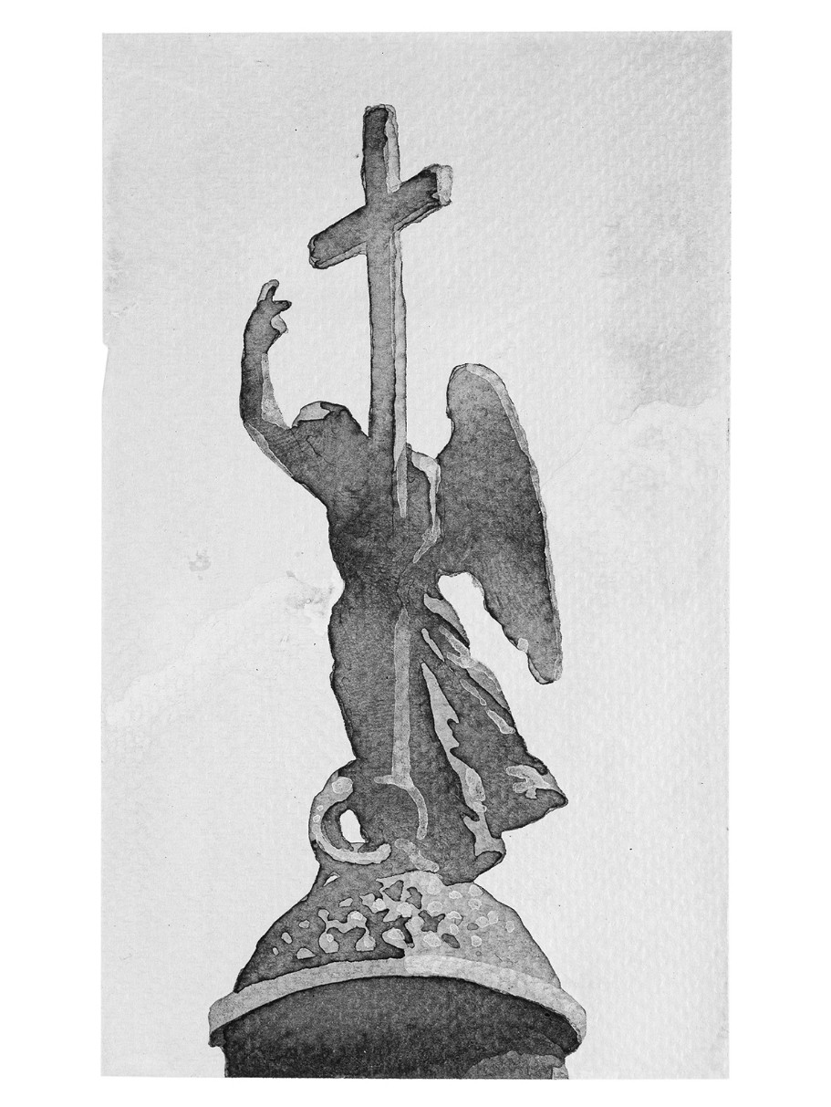 Português: Pintura em aquarela da estátua de um anjo agarrado à uma cruz. 

English: Watercolor painting of a statue of an angel clinging to a cross.