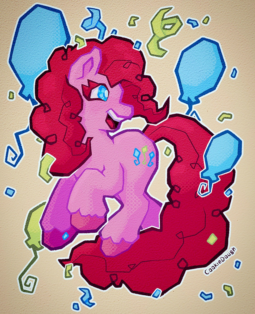 Pinkie Pie de My Little Poney cercada de balões e confetes de festa