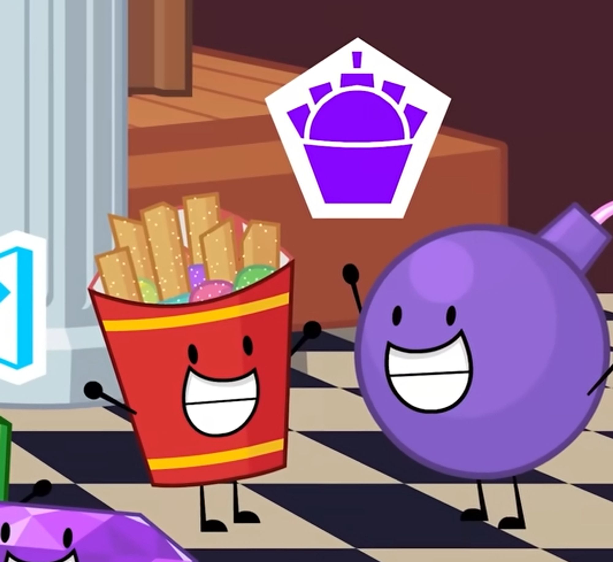 fries and bomby in bfdia 14, in the same scene, but now they're happy and smiling