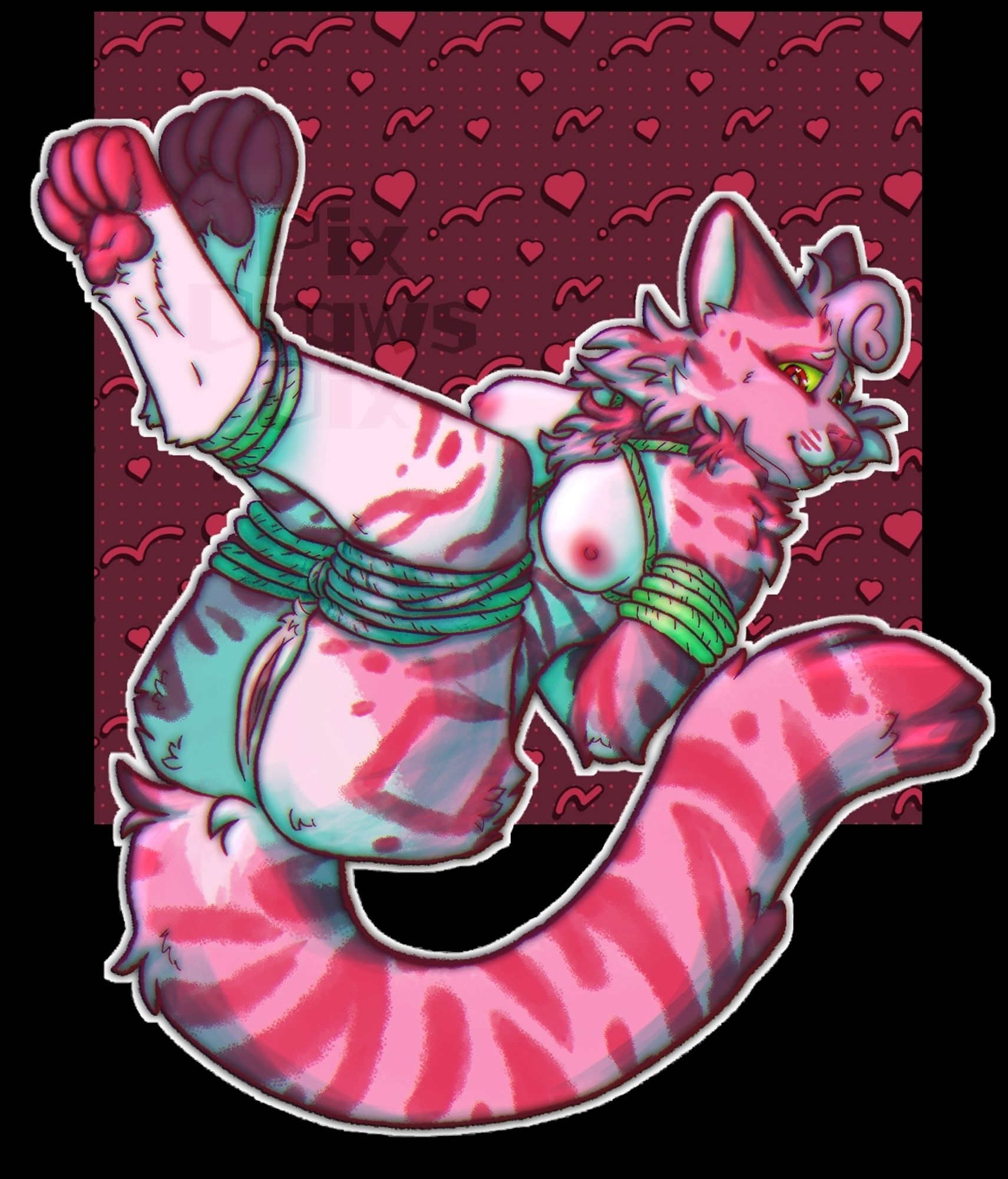 Valentine (she/her), an adorable pink anthropomorphic cat, tied up and ready to be filled