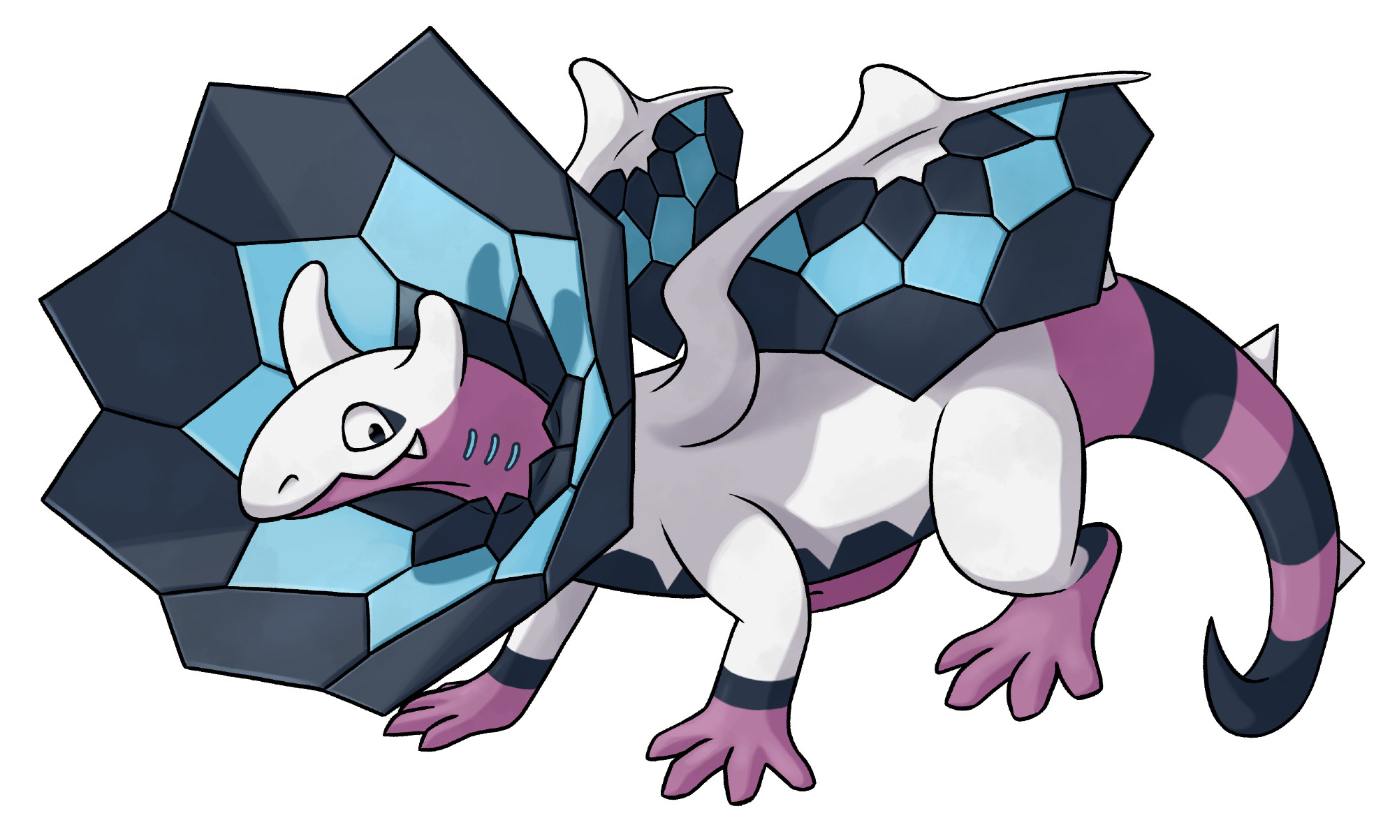 white frilled lizard-dragon with hexagonal blue and black rings inside the frill and on wing membranes, as well as a striped pink and black tail