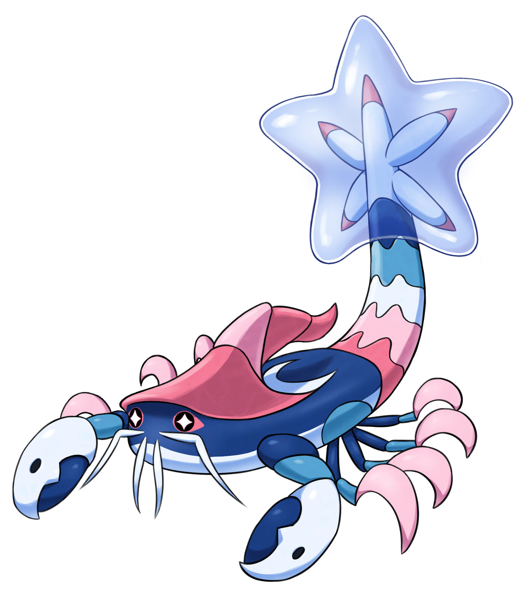 dark blue wizard lobster pokemon with white crescent-moon claws, pink crescent legs, a coral pink shell-hat, and a star-shaped tail enveloped in water