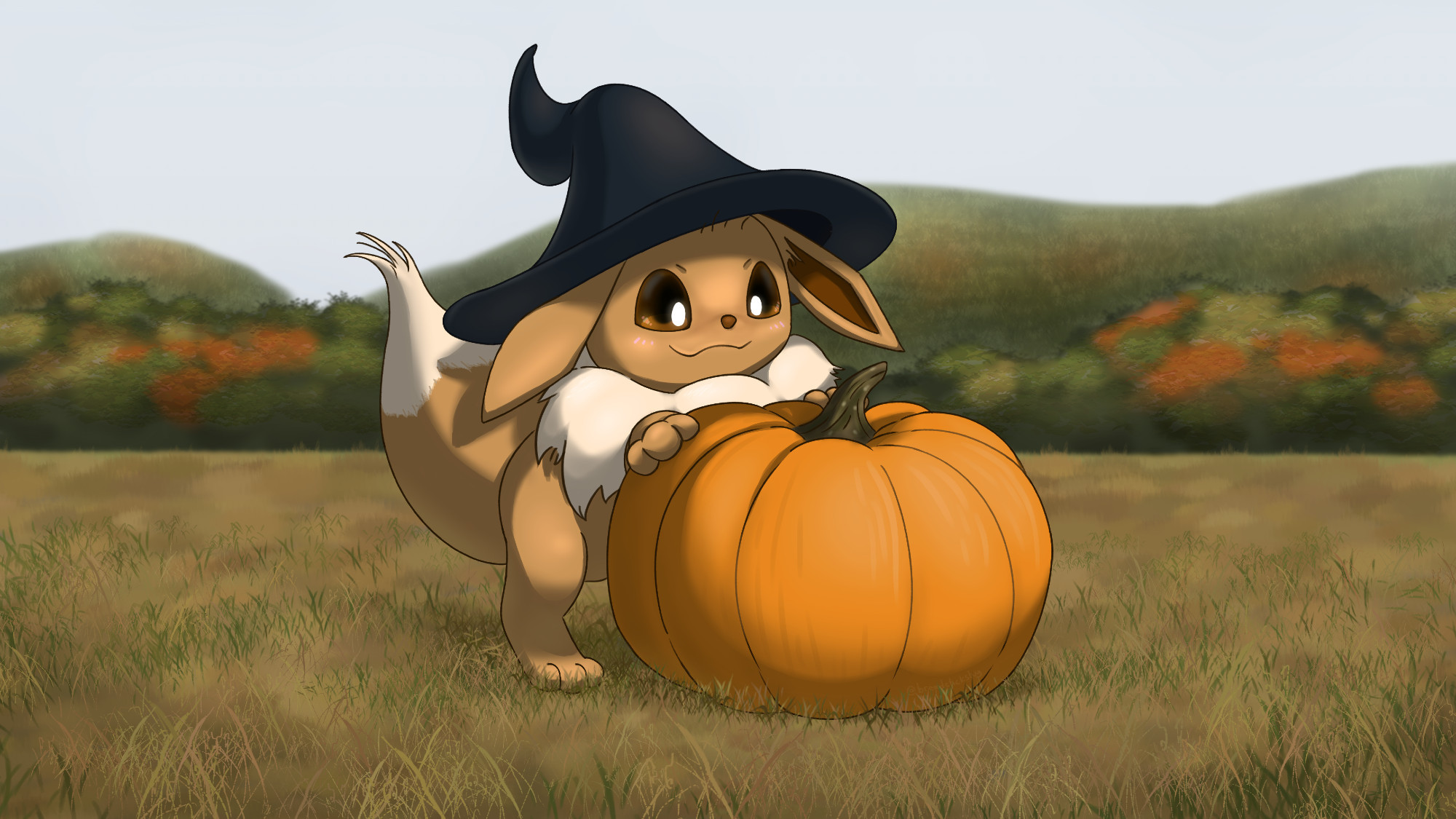 an eevee in a witch hat holding onto a large pumpkin, in a spacious grassy field with trees of varied colors and mountains in the distance