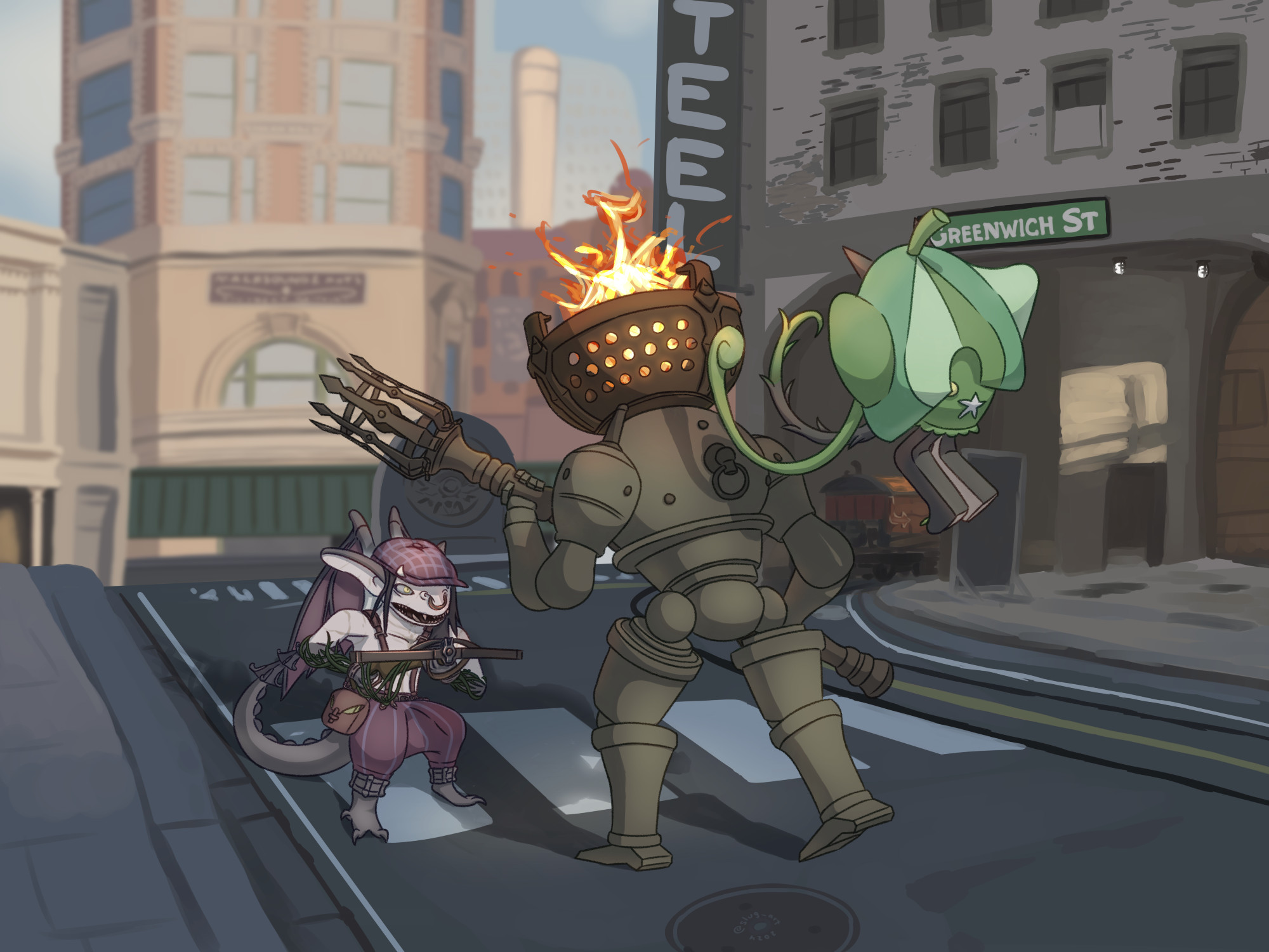 ivy from deadlock and ogerpon fighting the enemy guardian on greenwich street