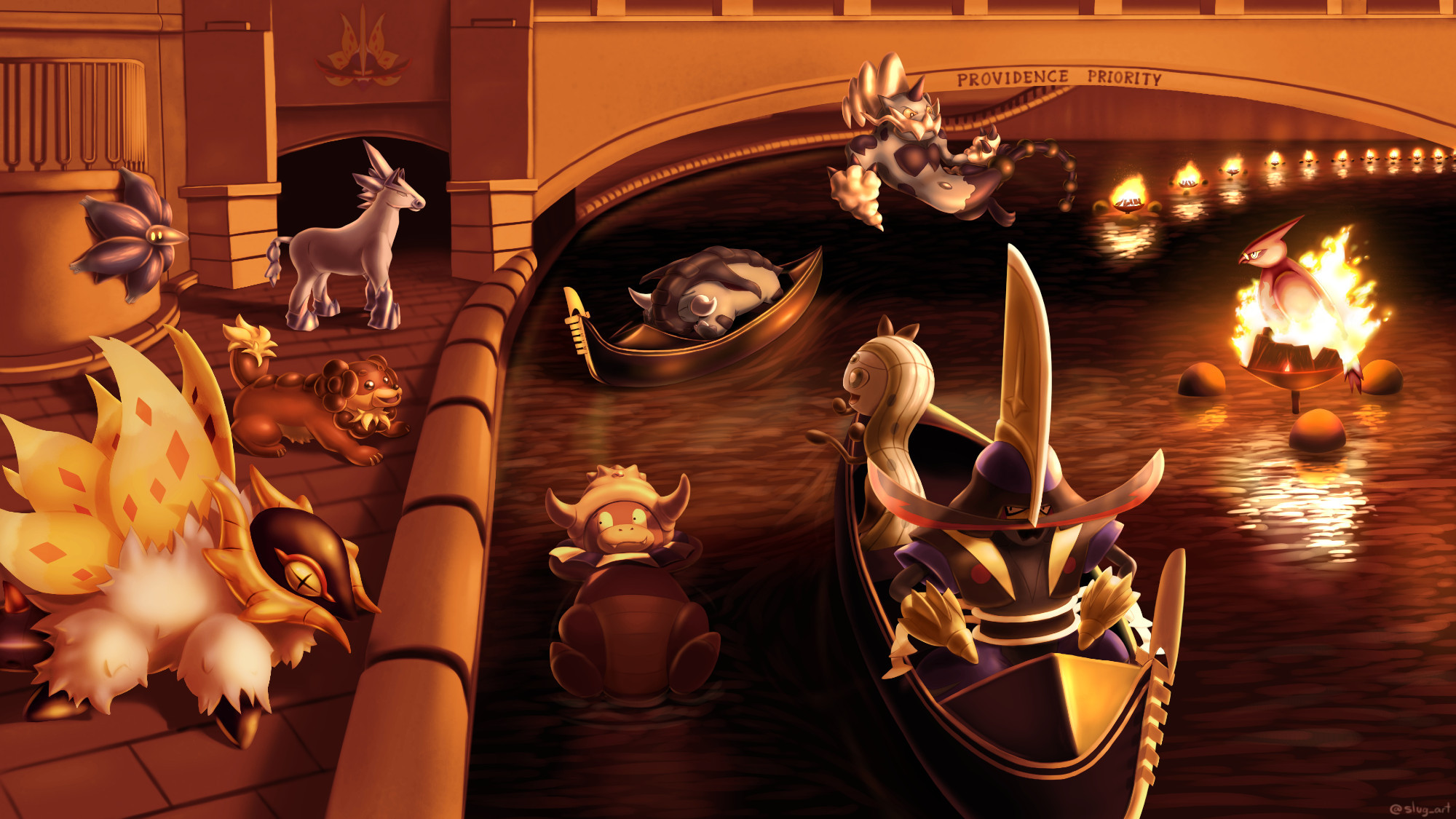 a gathering at providence's waterfire at night illuminated by flames over water featuring kingambit, slither wing, slowking, meloetta, talonflame, dachsbun, glimmora, glastrier, donphan, and therian thundurus