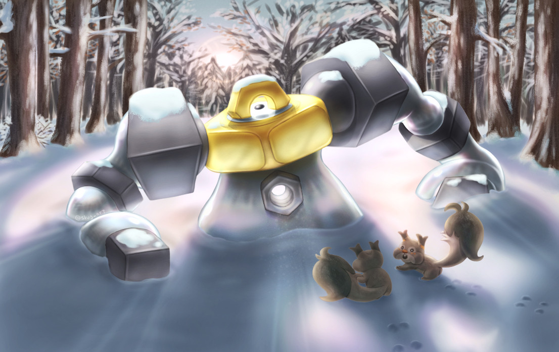 a melmetal stuck in deep snow in a winter forest at sunrise, discovered by two surprised skwovet