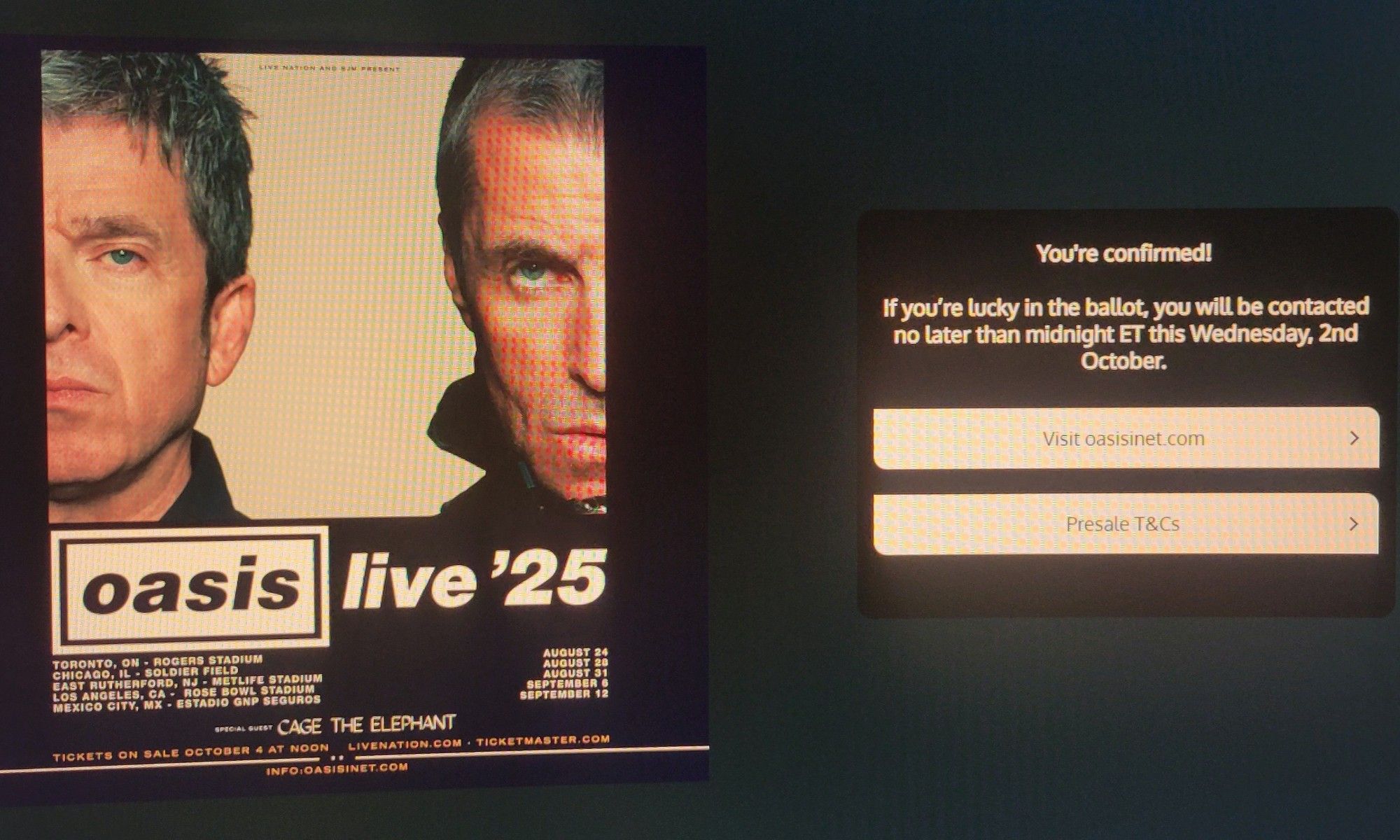 Screenshot of a computer monitor showing entry into a lottery to be able to purchase tickets to the British rock band,  Oasis.