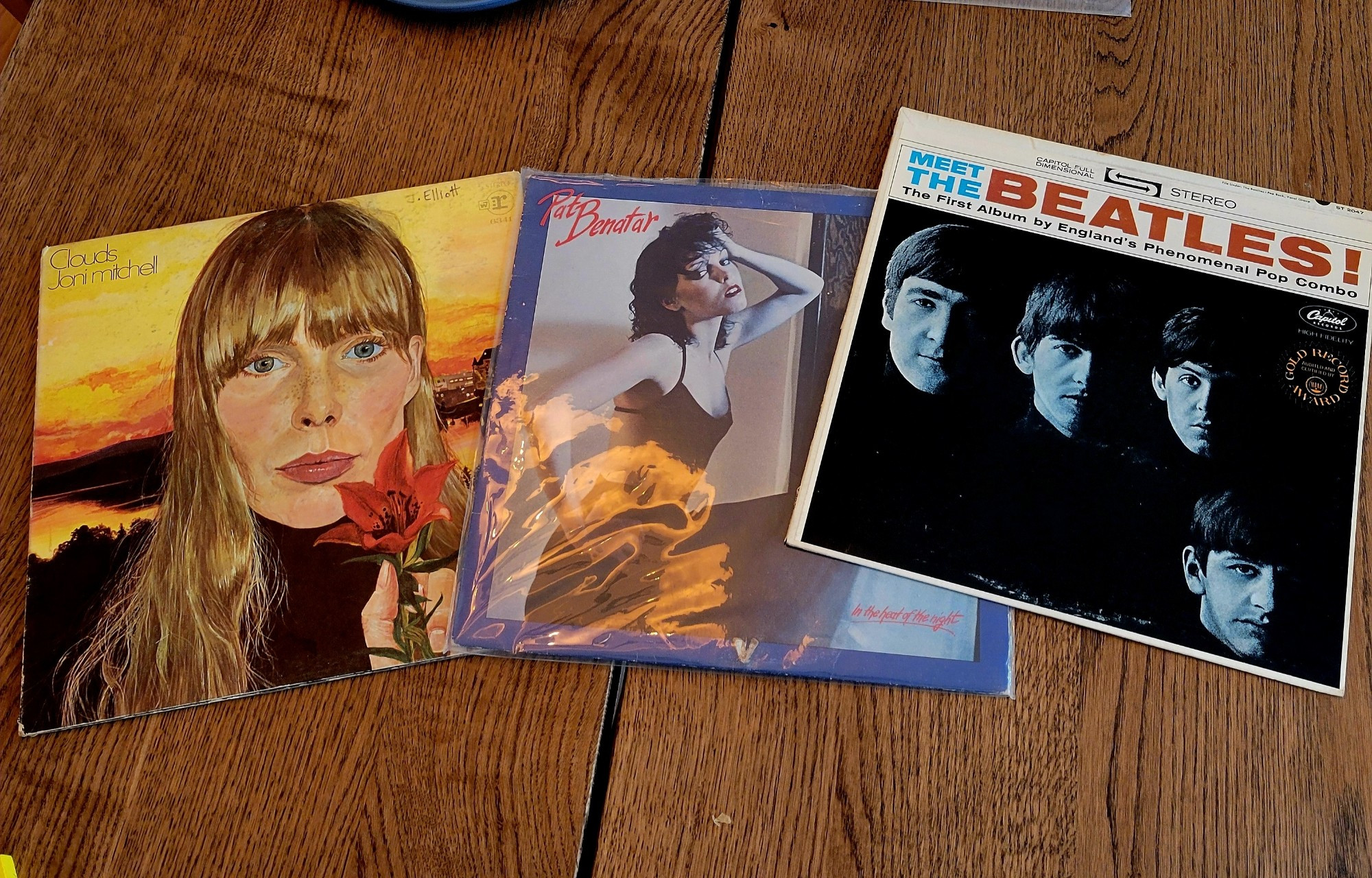 Record sleeve for Clouds by Joni mitchell, Heartbreaker by Pat Benatar, and Meet the Beatles by the Beatles.