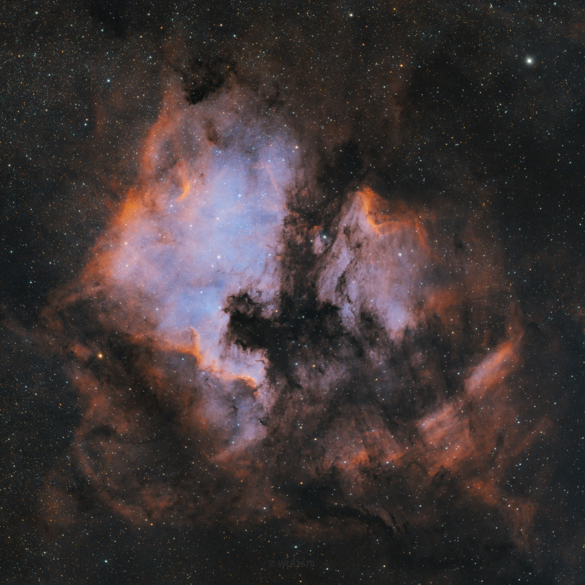 The Sh2-117 complex - an HII region in Cygnus with strong Ha and OIII signals. The nebulosities in this region bear resemblance to the North American continent (centre-left) and a pelican bird (centre-right) and they were thus given corresponding names. 