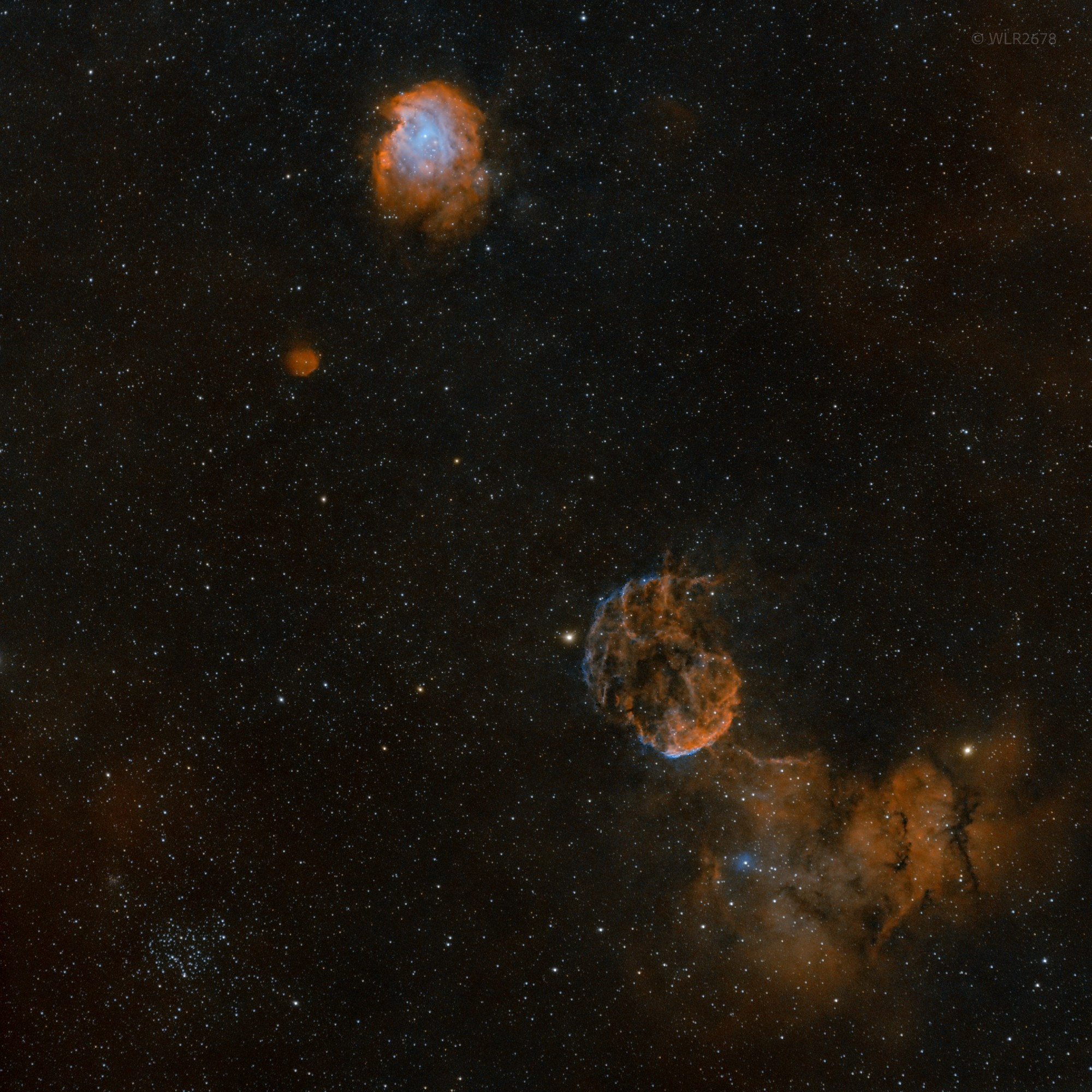 The Monkey Head Nebula, Jellyfish Nebula, and Shoe-Buckle Cluster across the Gemini-Orion constellation border