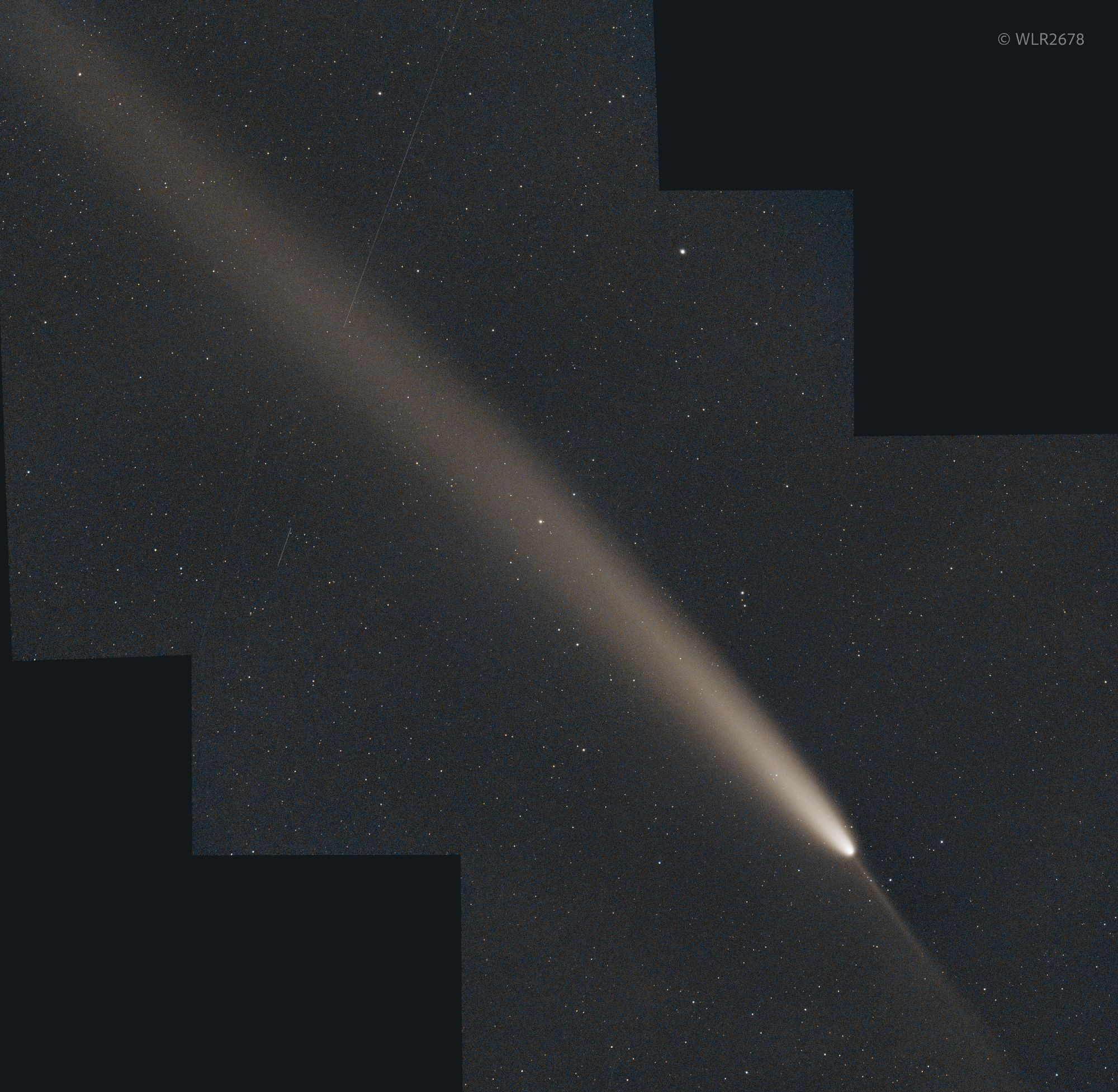 A slightly wider angle view of comet Tsuchinshan-ATLAS showing the elongated main dust tail. The ion tail is concealed in the dust tail and visibility is limited. 