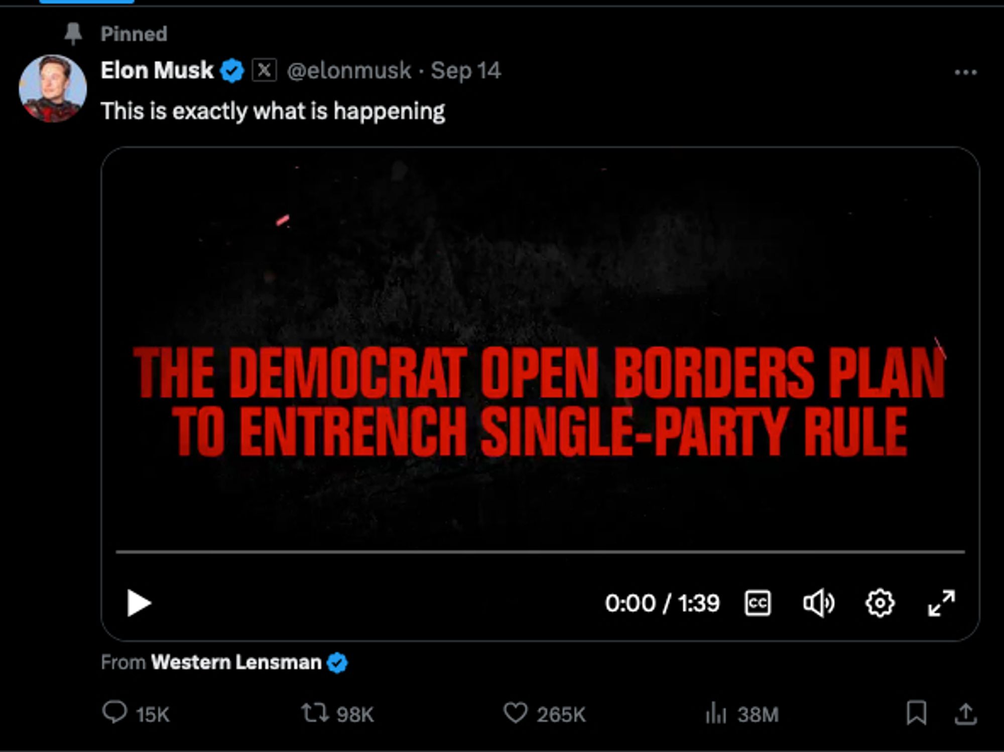 Musk tweet: "The Democrat Open Borders Plan to Entrench Single-Party Rule"