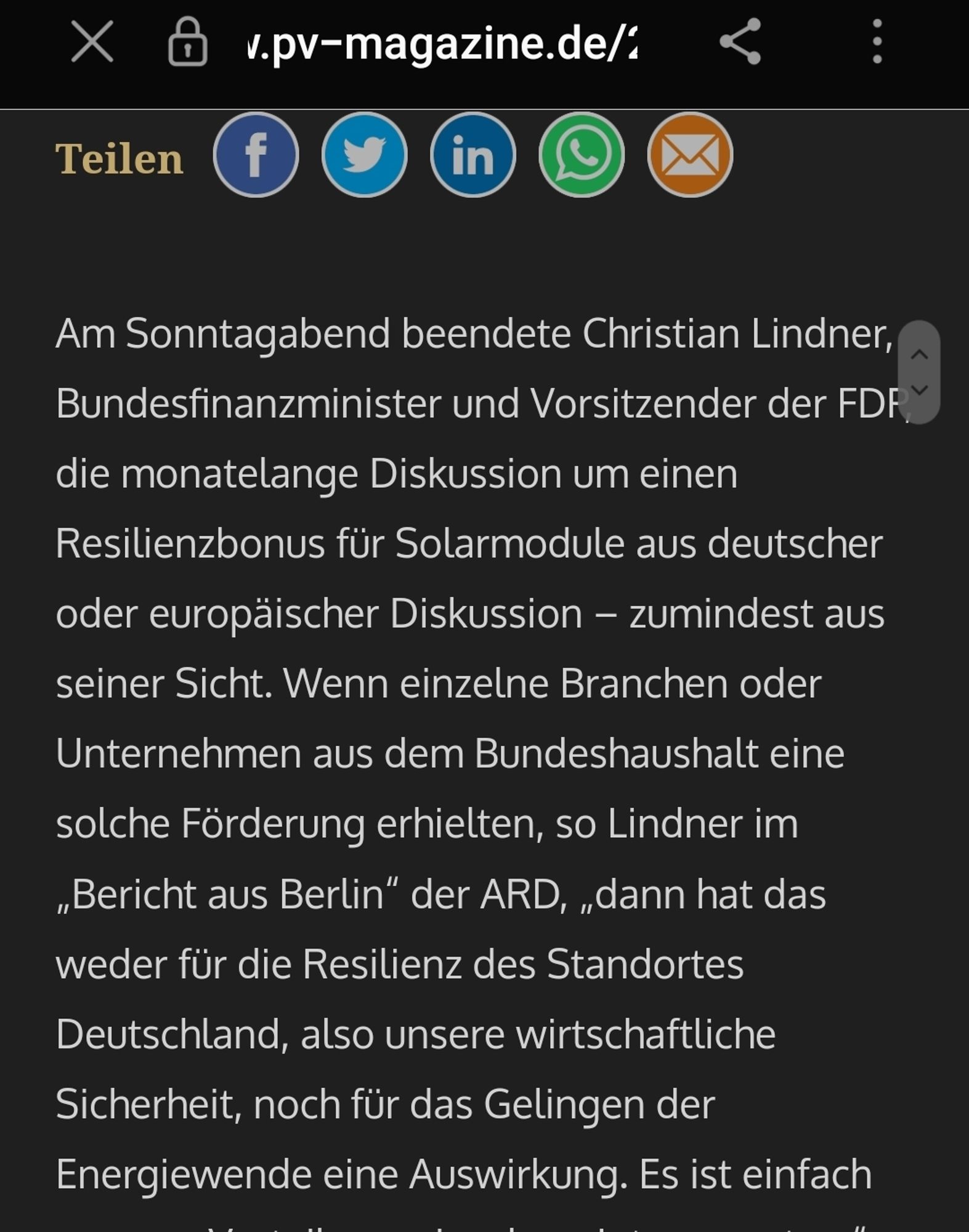 Ein Artikel, in dem Lindner die Subventionierung deutscher Solarmodul-Hersteller ablehnt, da es hierbei nur um Förderung Einzelner ginge.