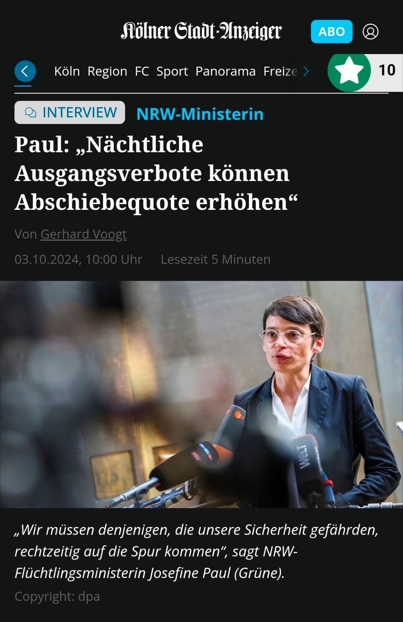 Artikel des Kölner Stadtanzeigers, in dem die grüne Landesministerin Paul für Flüchtlinge [gemeint sind Geflüchtete, Anm. d. Users) nächtliche Ausgangssperren fordert, um die Abschiebequote leichter erhöhen zu können.