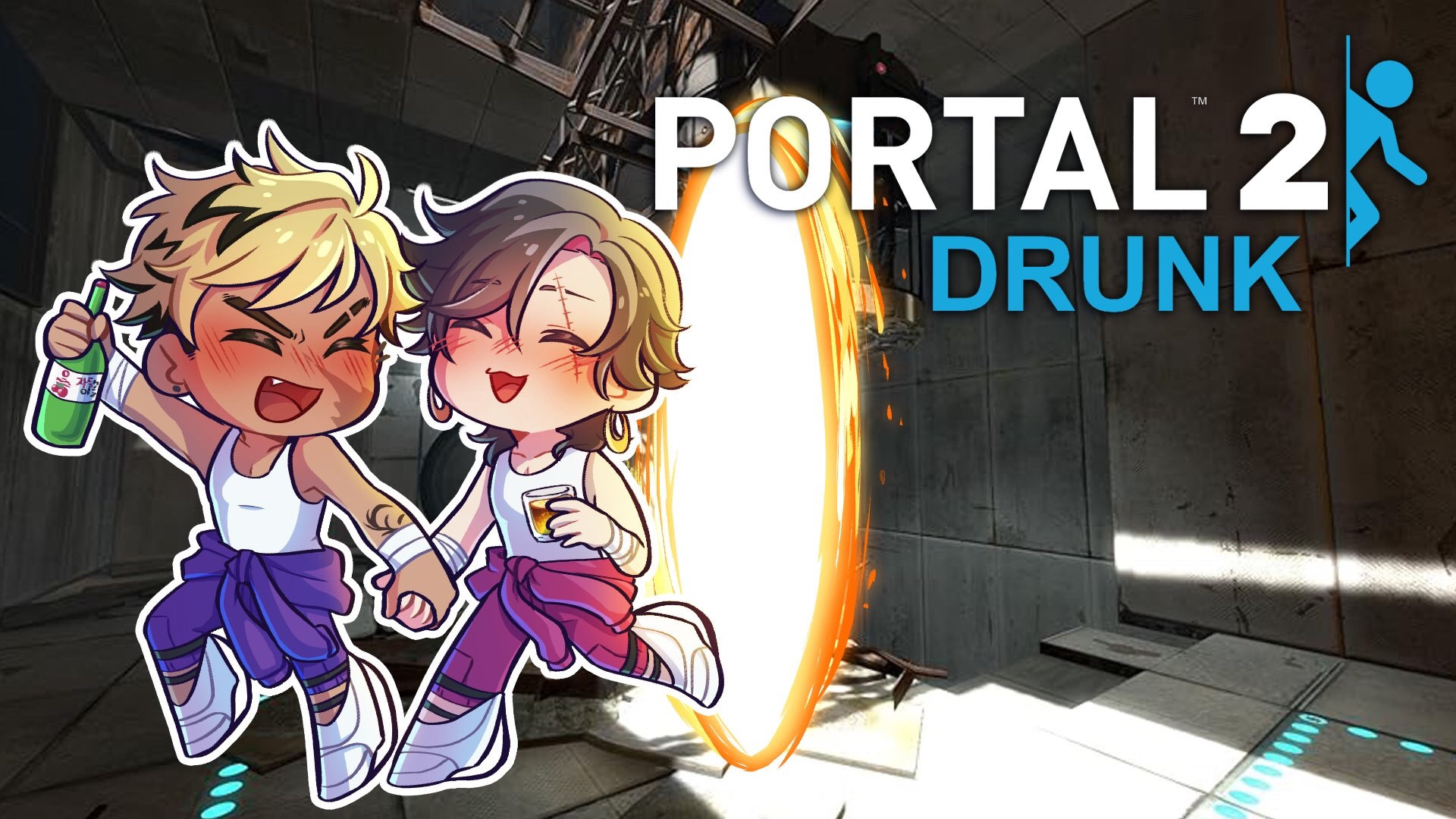 thumbnail illustration for vantacrow bringer and vezalius bandage's drunk portal 2 collab, where they're both drawn as chibis with vanta holding a bottle of soju leading zali by the hand out of a portal, and zali's following along with a glass of jägerbomb 