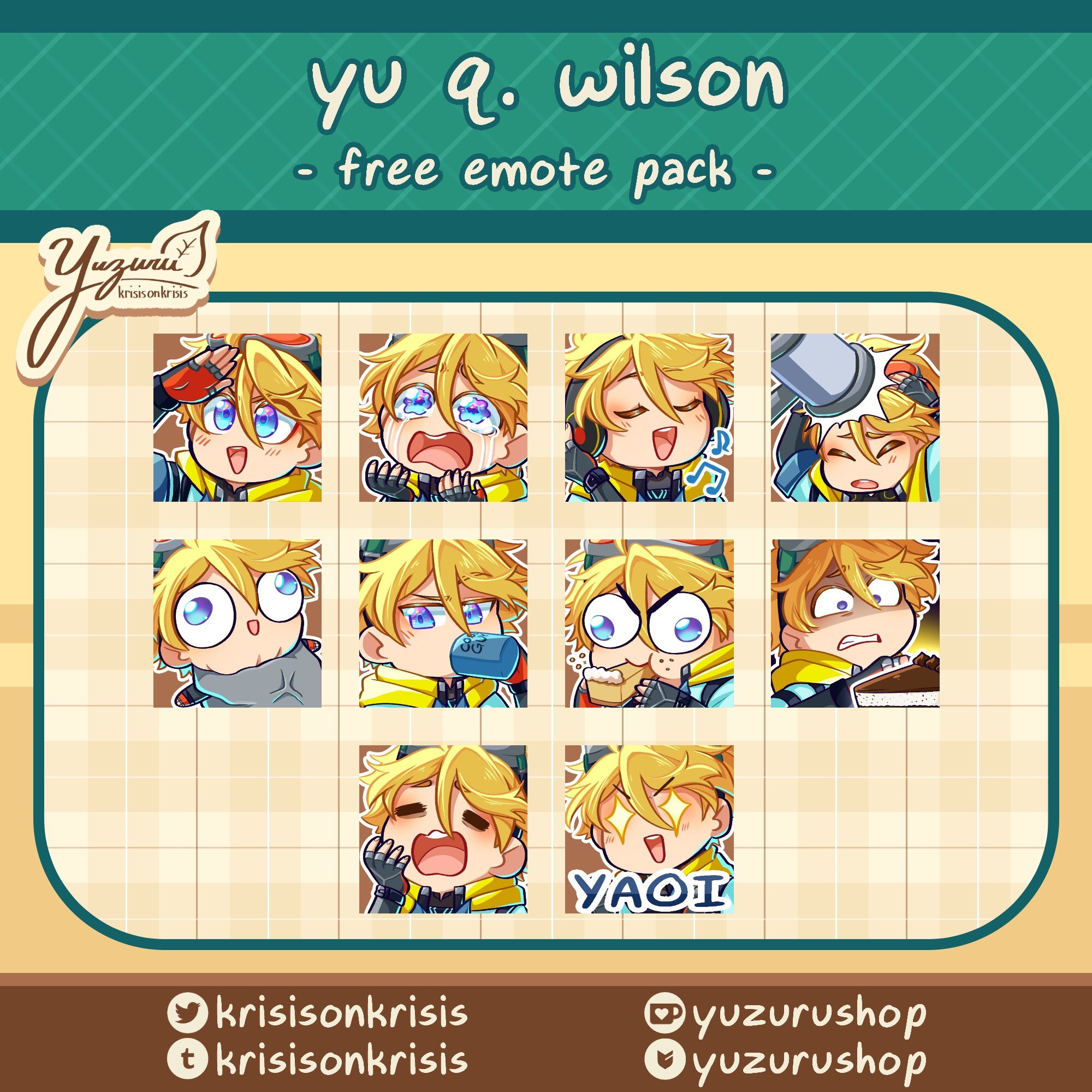 discord emotes of yu q. wilson
- salute
- crying
- singing
- bonk
- squeeze
- drinking 🤨
- monch
- disgust
- yawn
- YAOI✨✨✨