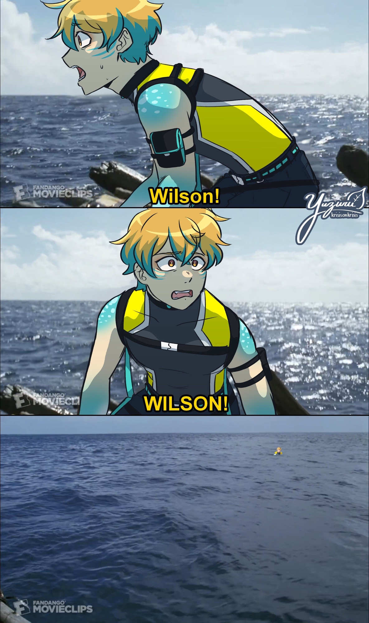 redraw of a scene in the movie castaway where the main character is calling out for the volleyball named wilson, but it's drawn as yuzuru (krisisonkrisis)'s wilsoneer sona, ace, and theres a tiny photoshopped image of yu q. wilson in place of the volleyball in the distance