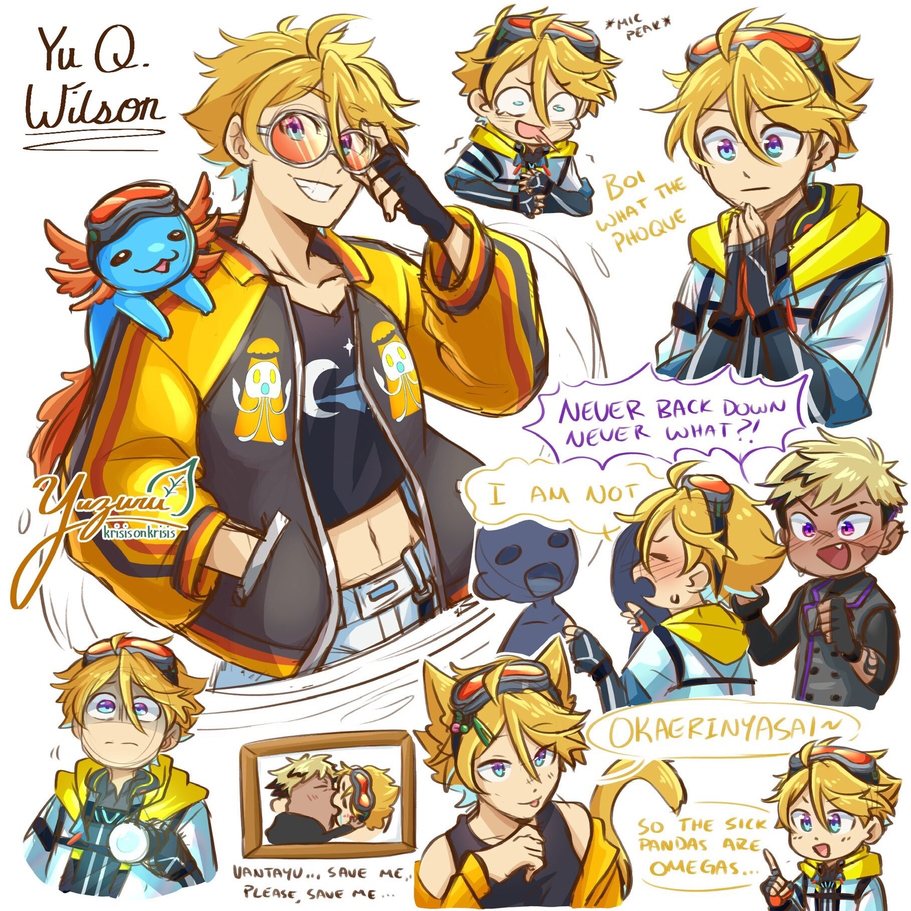 doodle page of yu q. wilson by yuzuru (krisisonkrisis), featuring;
- his half year anniversary outfit (+jerry)
- mic peaking laugh
- 😐🙏
- 🃏: NEVER BACK DOWN NEVER WHAT?! 🥽: I AM NOT...
- holding a flashlight staring into the beyond like (ó-ò)
- vantayu real painting in votv
- dillson
- explaining minecraft panda breeding mechanics through omegaverse 