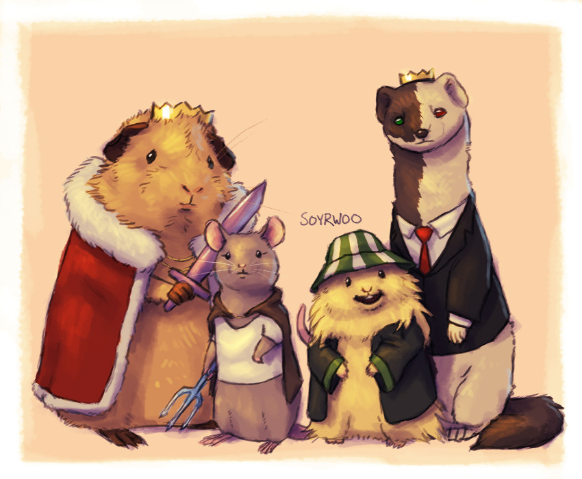 Digital drawing of the DSMP Syndicate as small animals. Technoblade is a red Abyssinian guinea pig with a cape and crown, Nihachu is a light gray mouse with a coat and trident, Philza is a long-haired cream Syrian hamster with a haori and striped hat, and Ranboo is a half-brown, half-white weasel in a suit jacket.