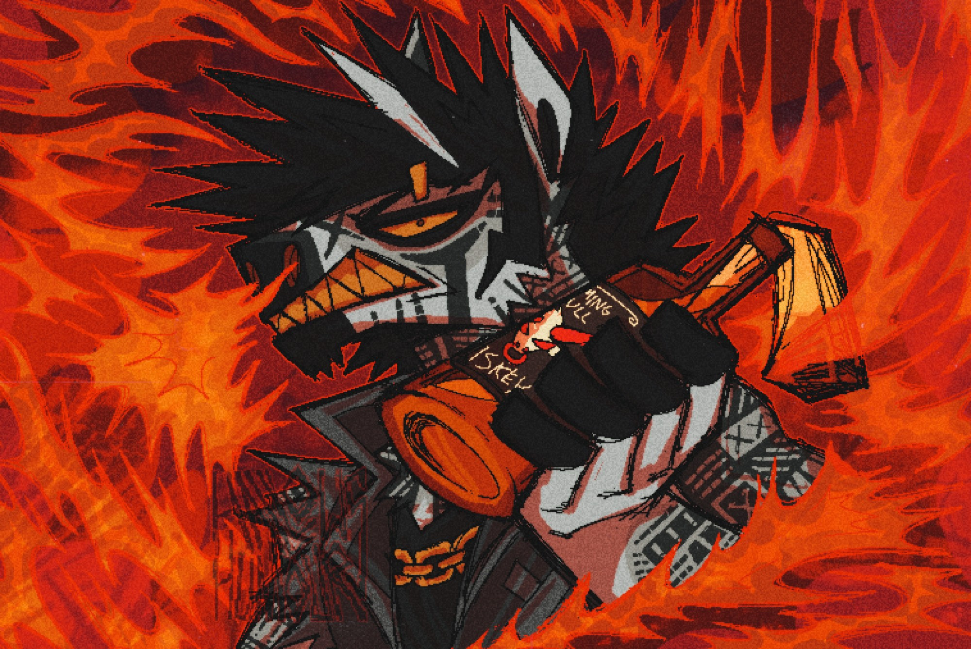 My zebra fursona, Dean, holding a molotov cocktail surrounded by flames looking at the view in an intimidating way