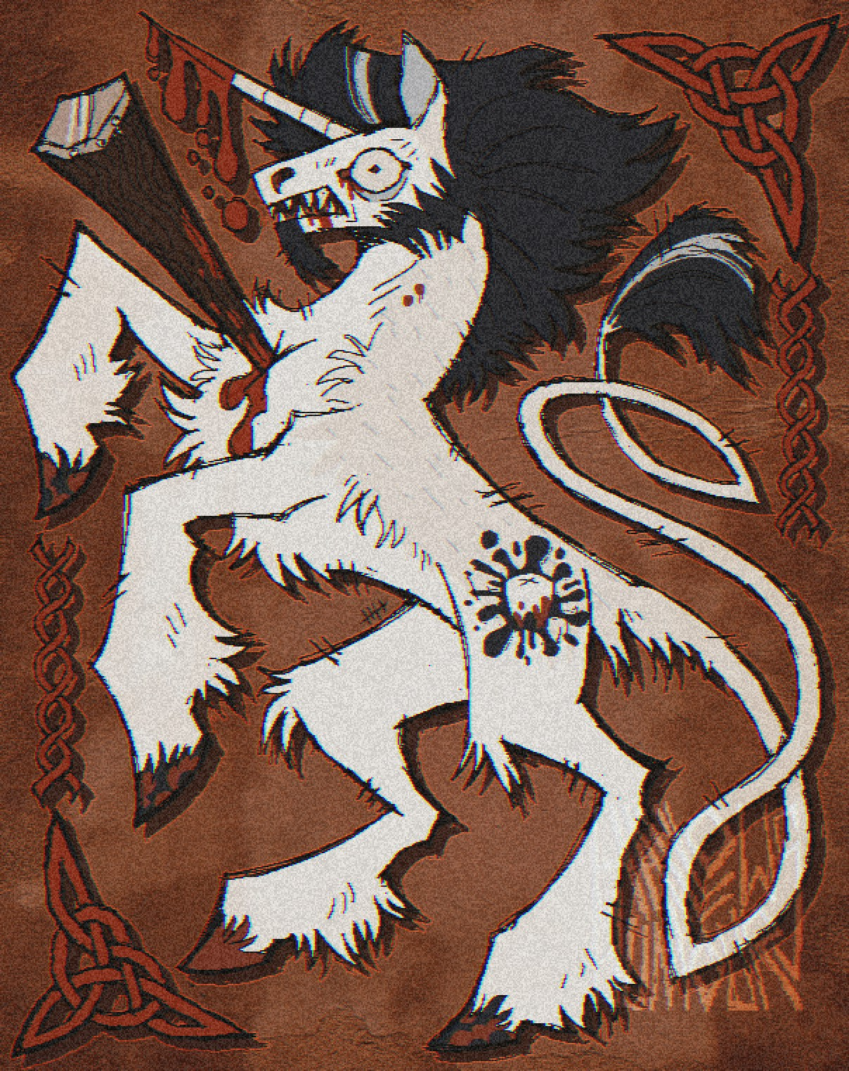 My ponysona Tooth Ache in a medieval or heraldic beast style, with a massive stake in his chest. There is blood dripping from his horn, eyes and chest 