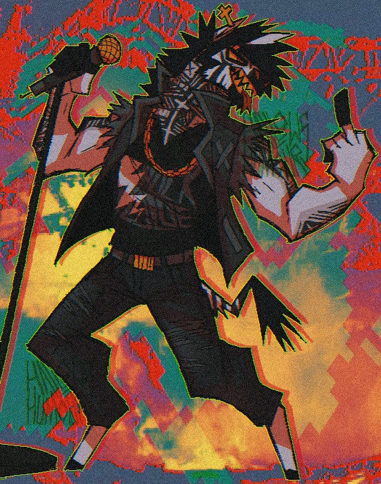 My zebra fursona, Dean, standing holding a microphone on a stand in his right hand, looking to the right and flipping someone off with his left hand. The background is abstract and has been photo manipulated to look distressed and multicolour