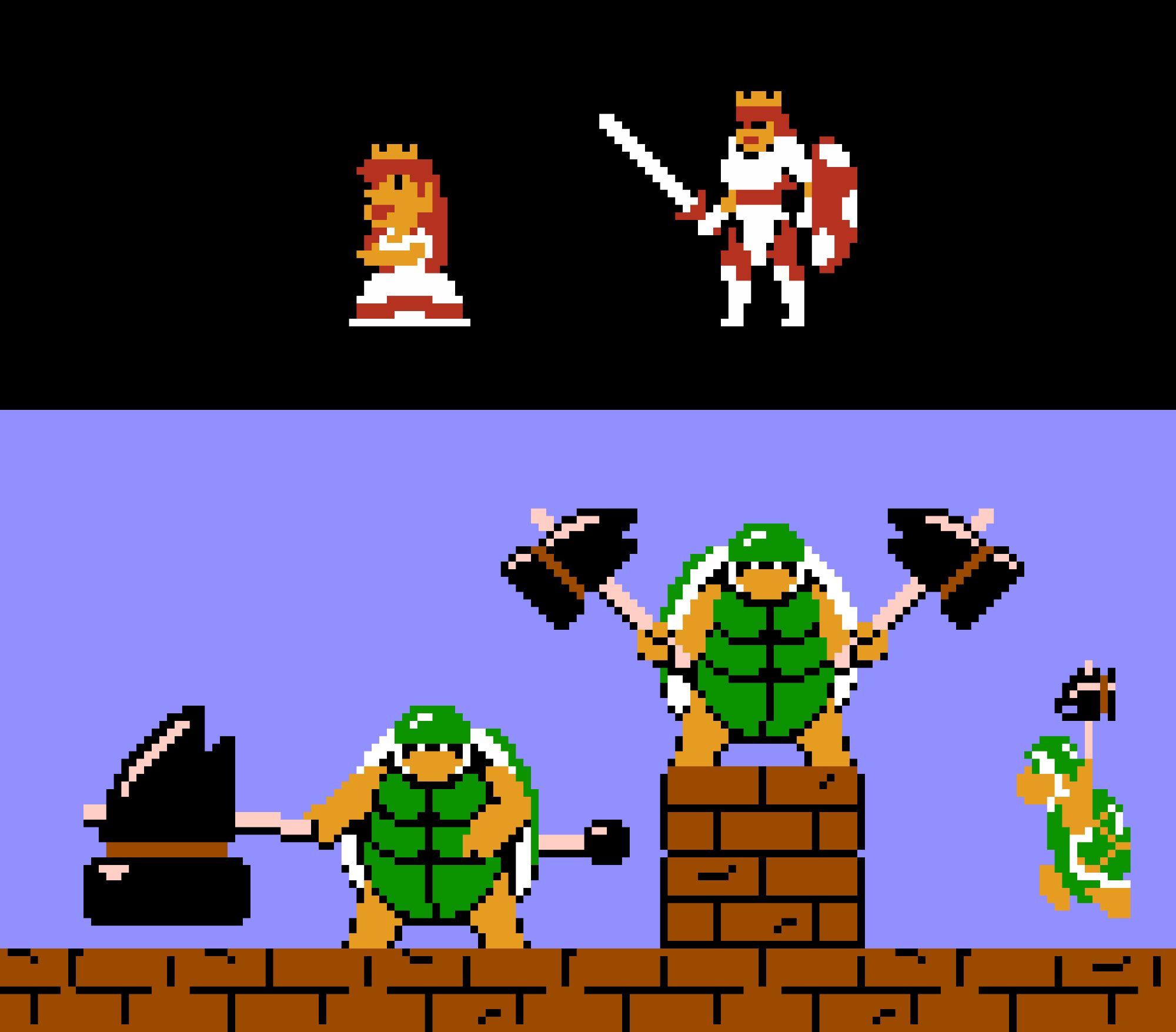 Redrawn pixel art sprites of various characters from Super Mario Bros. for NES using the original color palette.
Top image: redraw of Princess Peach, but she's wearing armor and has a sword and a big mushroom shield.
Bottom image: Redraw of the Hammer Bros. The new sprites are bigger and more menacing. One Hammer Brother has a huge hammer and the other has two medium sized hammers.