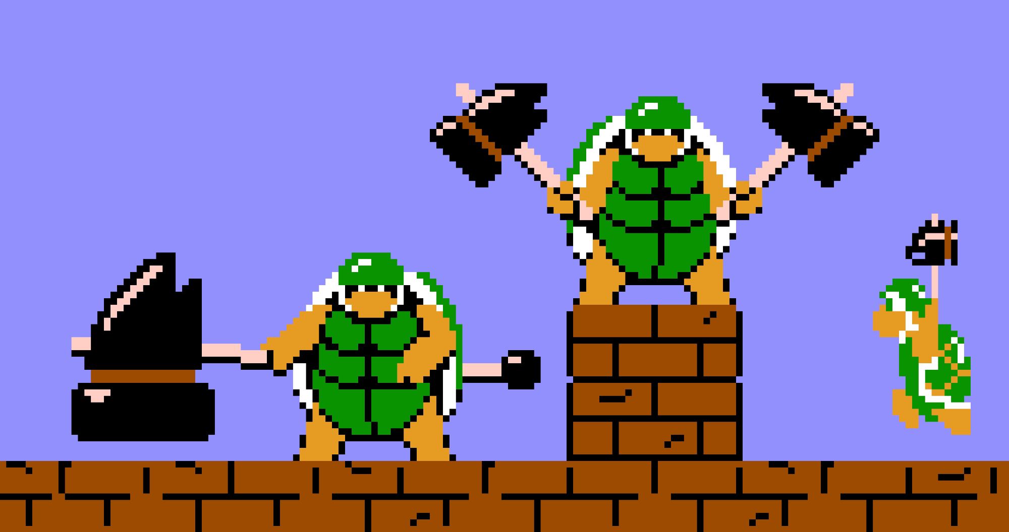 Redrawn pixel art sprites of the Hammer Bros. from Super Mario Bros. for NES that uses the same color palette. The new sprites are bigger and more menacing. One Hammer Brother has a huge hammer and the other has two medium sized hammers.