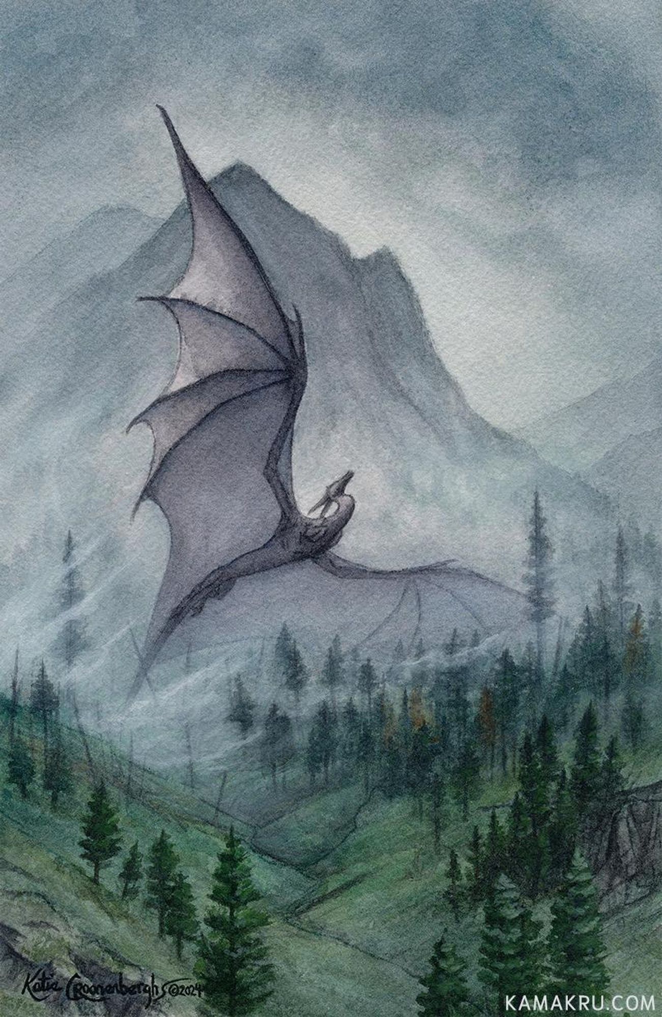 Watercolor and gouache painting of a dark gray dragon flying upward out of the mountain fog and mists. The shadow of a mountain rises in the distance and trees cover the green hillsides below.
Bottom left is artist signature Katie Croonenberghs 2024 and bottom right text is website kamakru.com