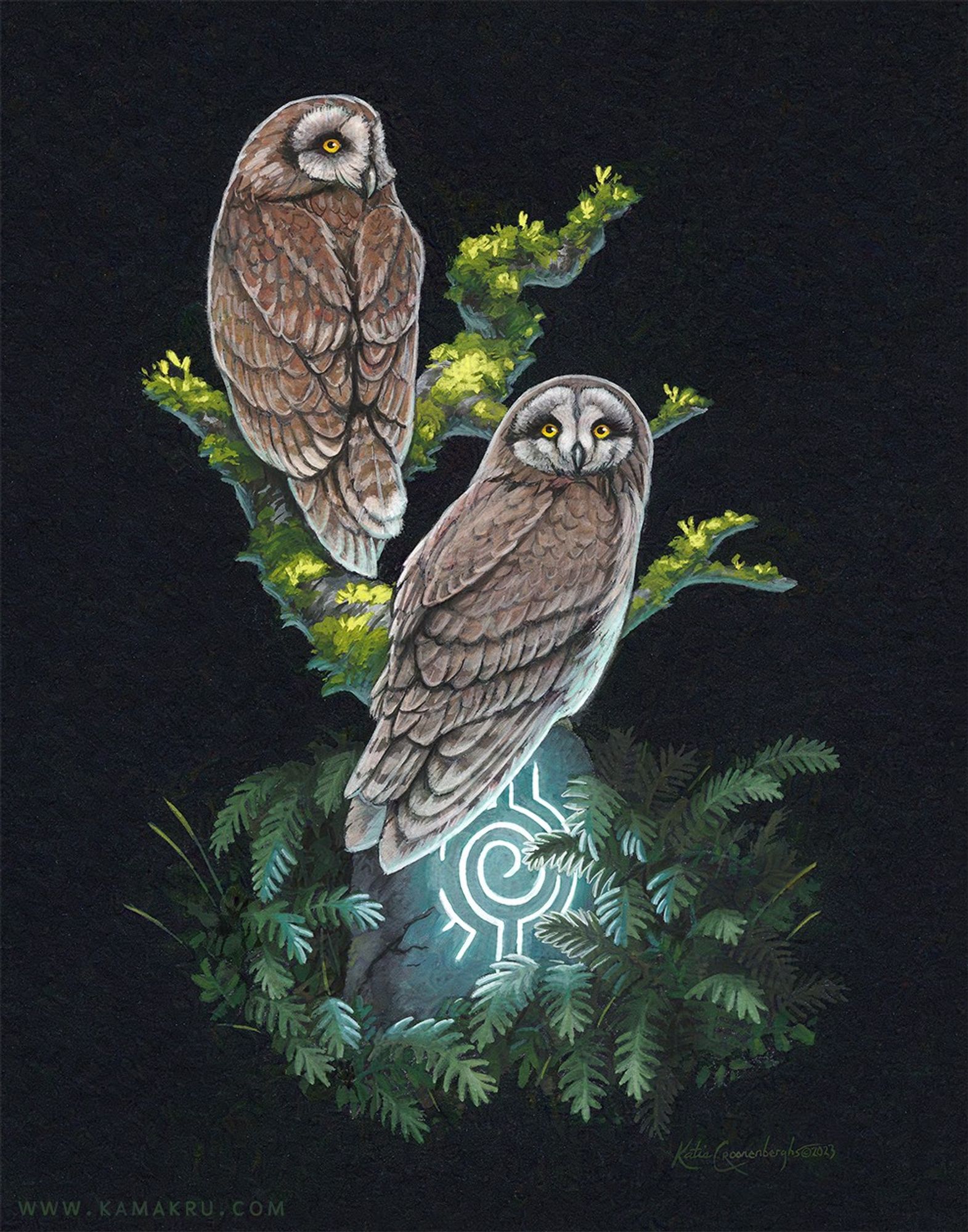 Gouache painting on black paper. Two owls perch on a twisted moss covered branch. Below them sits a rune stone with glowing blue swirls. The rune stone is surrounded by ferns that reflect the light of the stone. 
#birds #owls