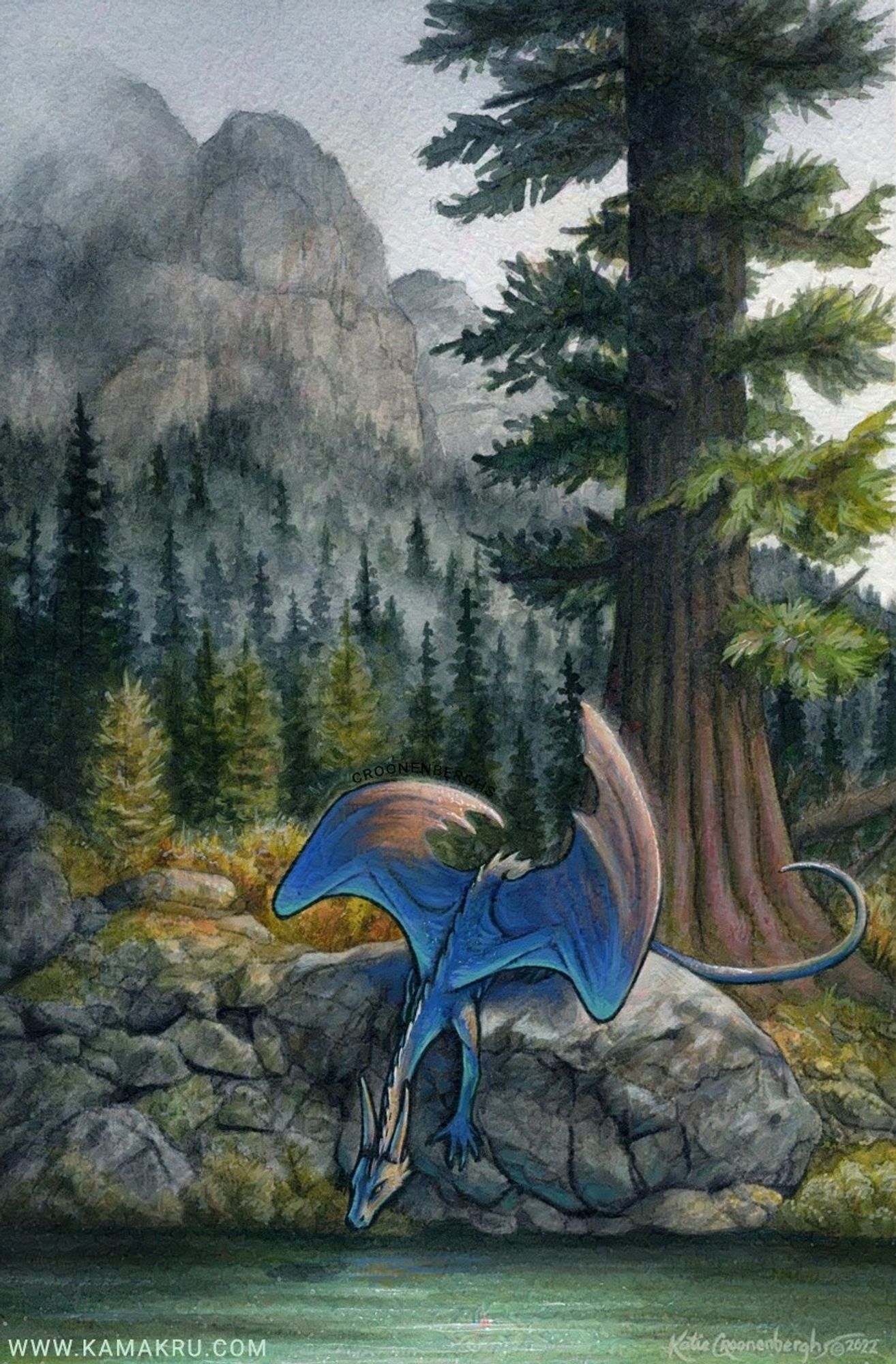 watercolor and gouache painting of a blue dragon looking into the water for fish, a large tree with a forest and mountains in the background. Text reads www.kamakru.com