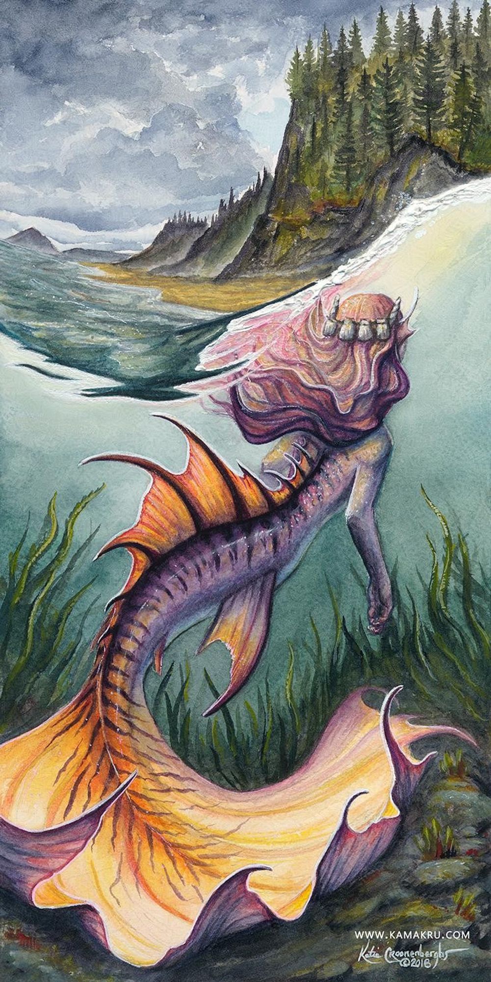 Watercolor painting of a colorful purple and orange mermaid. The scene is half below and half above the wave of the water. Above we see the coast and beaches of land. The mermaid has a crown of shells. text reads www.kamakru.com and artist signature Katie Croonenberghs 2018