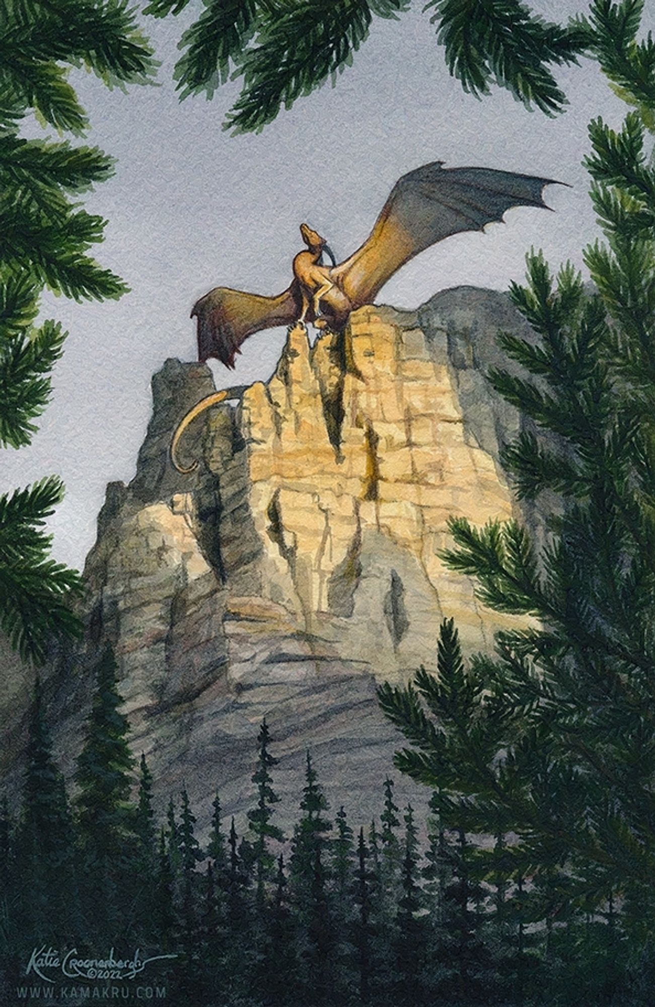 A watercolor painting of a grand cliff lit by the sun. Atop the cliff is a golden dragon with wings out proudly. We look up through the fur tree boughs and forest. Lower left is artist signature Katie Croonenberghs and website www.kamakru.com