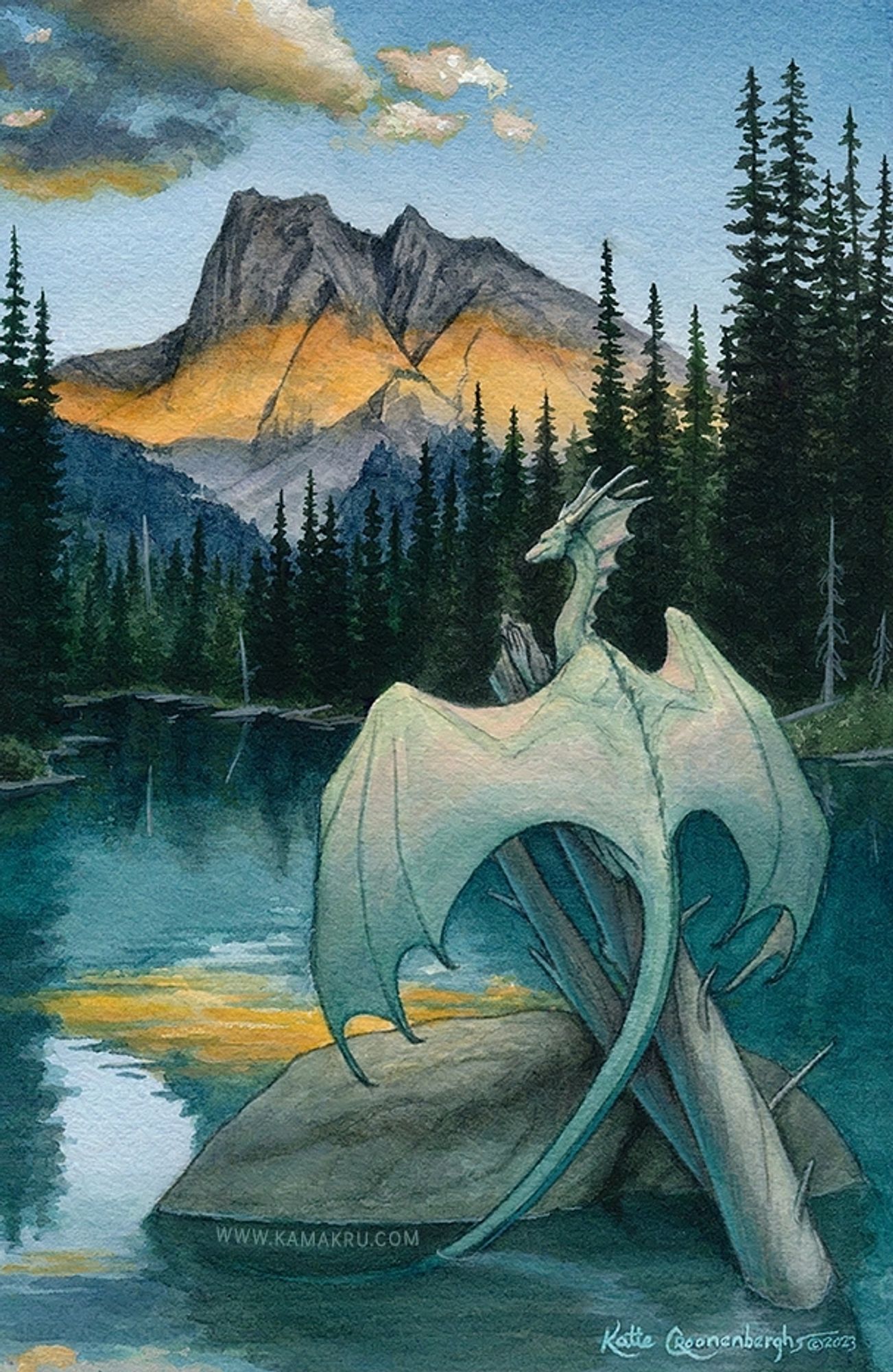 Watercolor painting based on Emerald Lake in Yoho National Forest, Canada. A light green dragon sits on a log in a glacial green lake, the sun is setting casting a warm line across the distant mountains and a forest borders the lake. www.kamakru.com